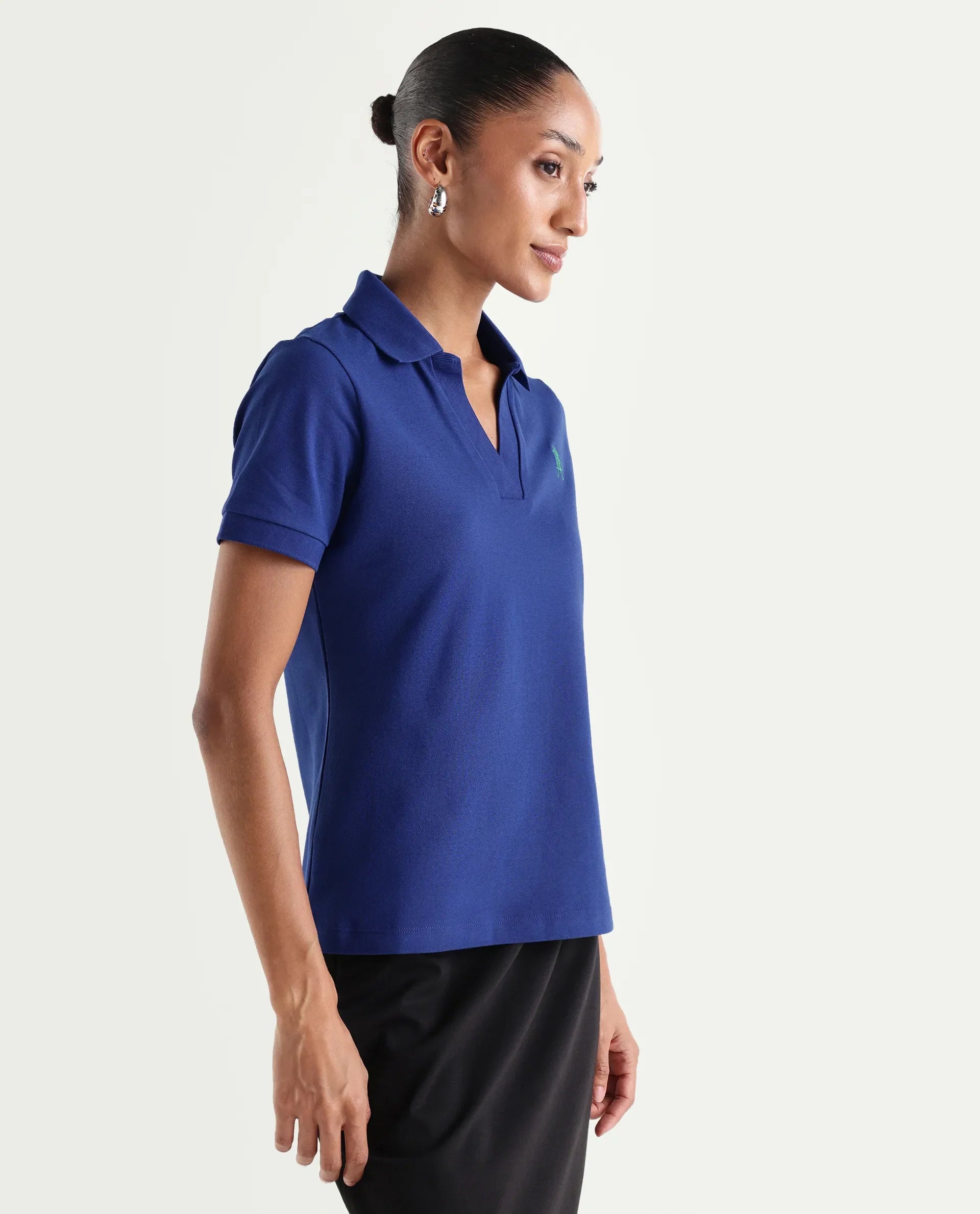 Rareism Women's Zavin Dark Blue Cotton Blend Half Sleeve Regular Fit Plain Polo