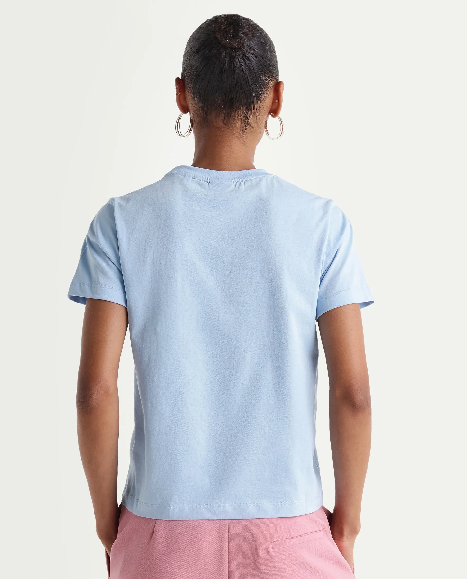 Rareism Women's Zhane Light Blue Cotton Crew Neck Pull-On Regular Typography Print T-Shirt
