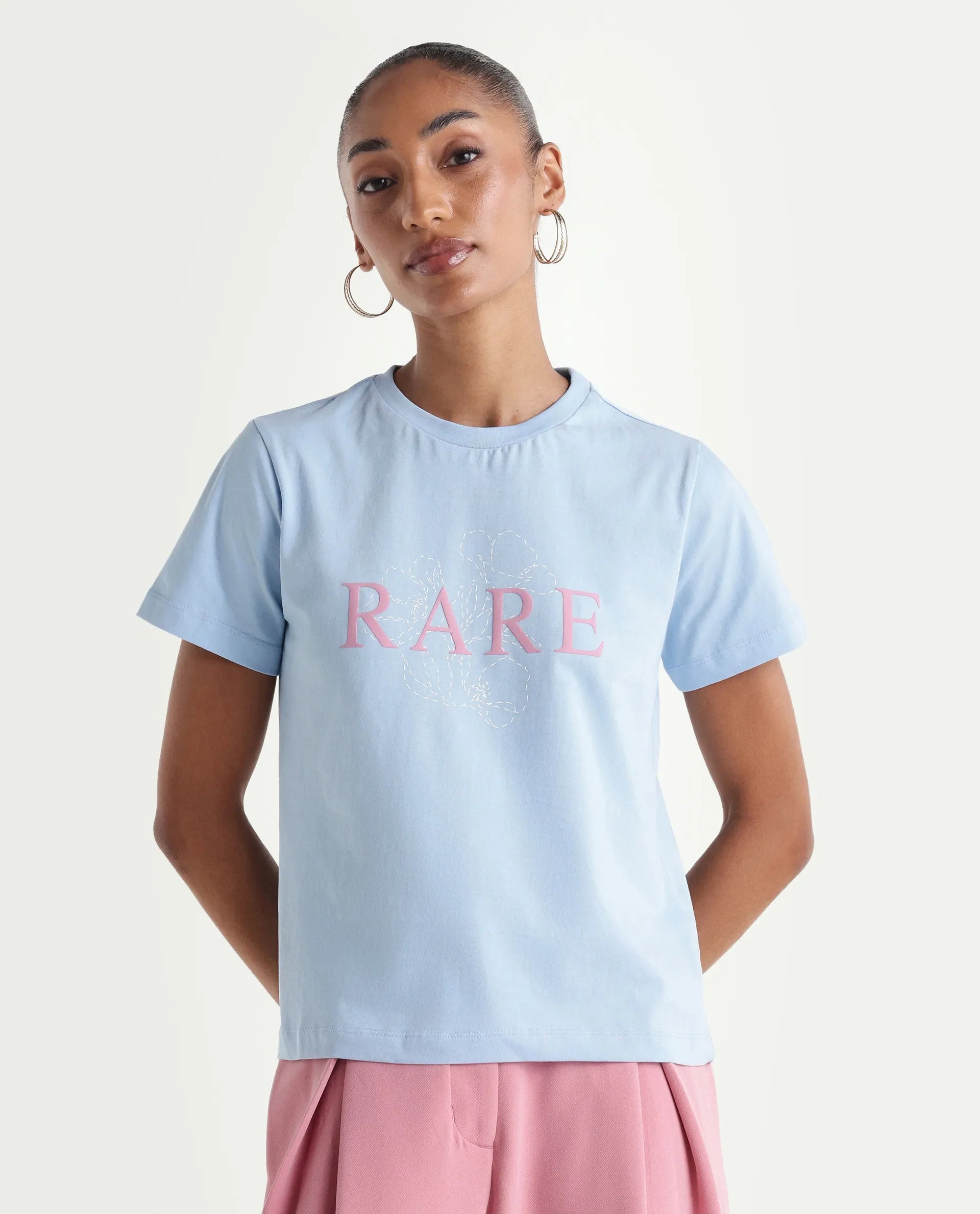 Rareism Women's Zhane Light Blue Cotton Crew Neck Pull-On Regular Typography Print T-Shirt
