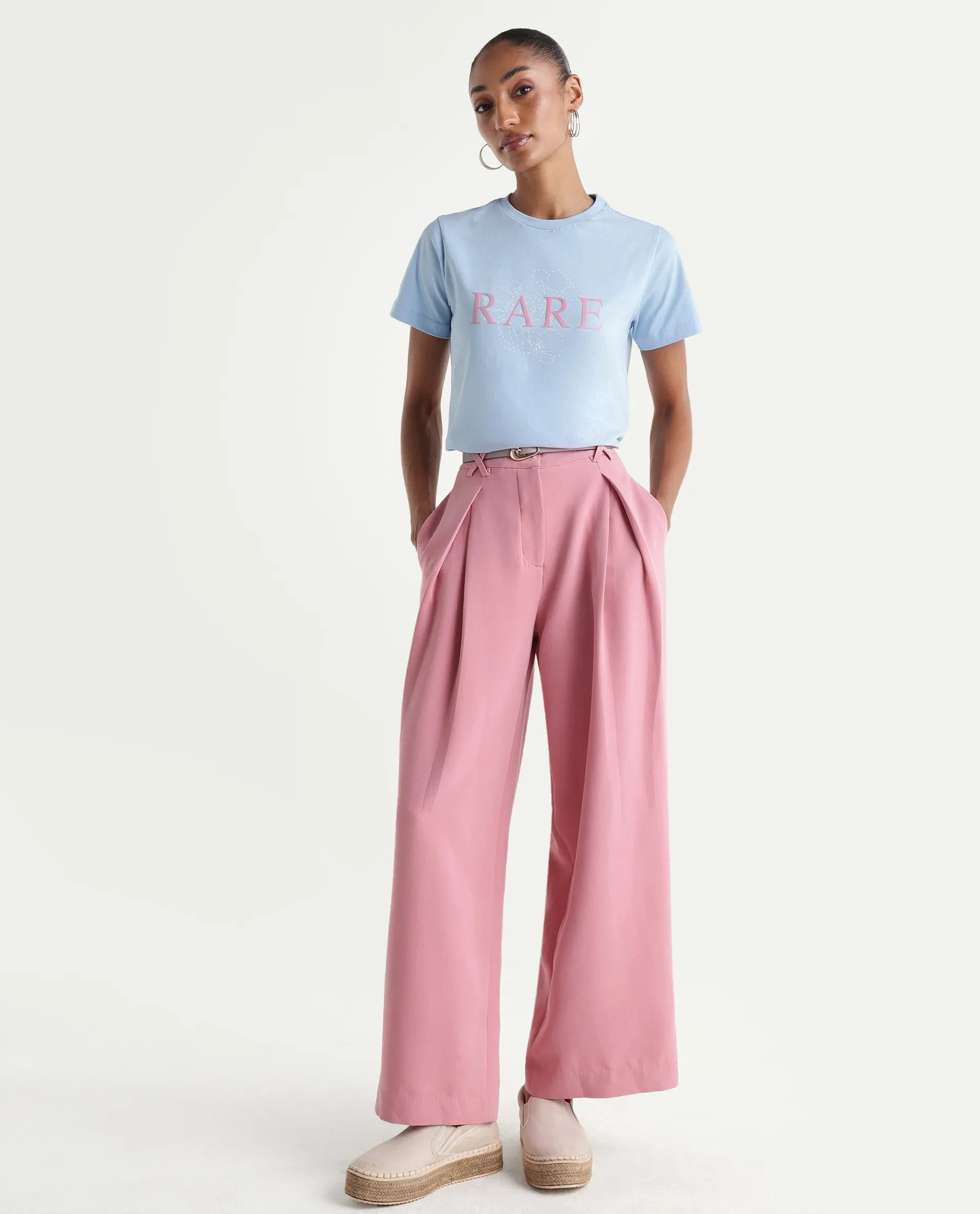 Rareism Women's Zhane Light Blue Cotton Crew Neck Pull-On Regular Typography Print T-Shirt