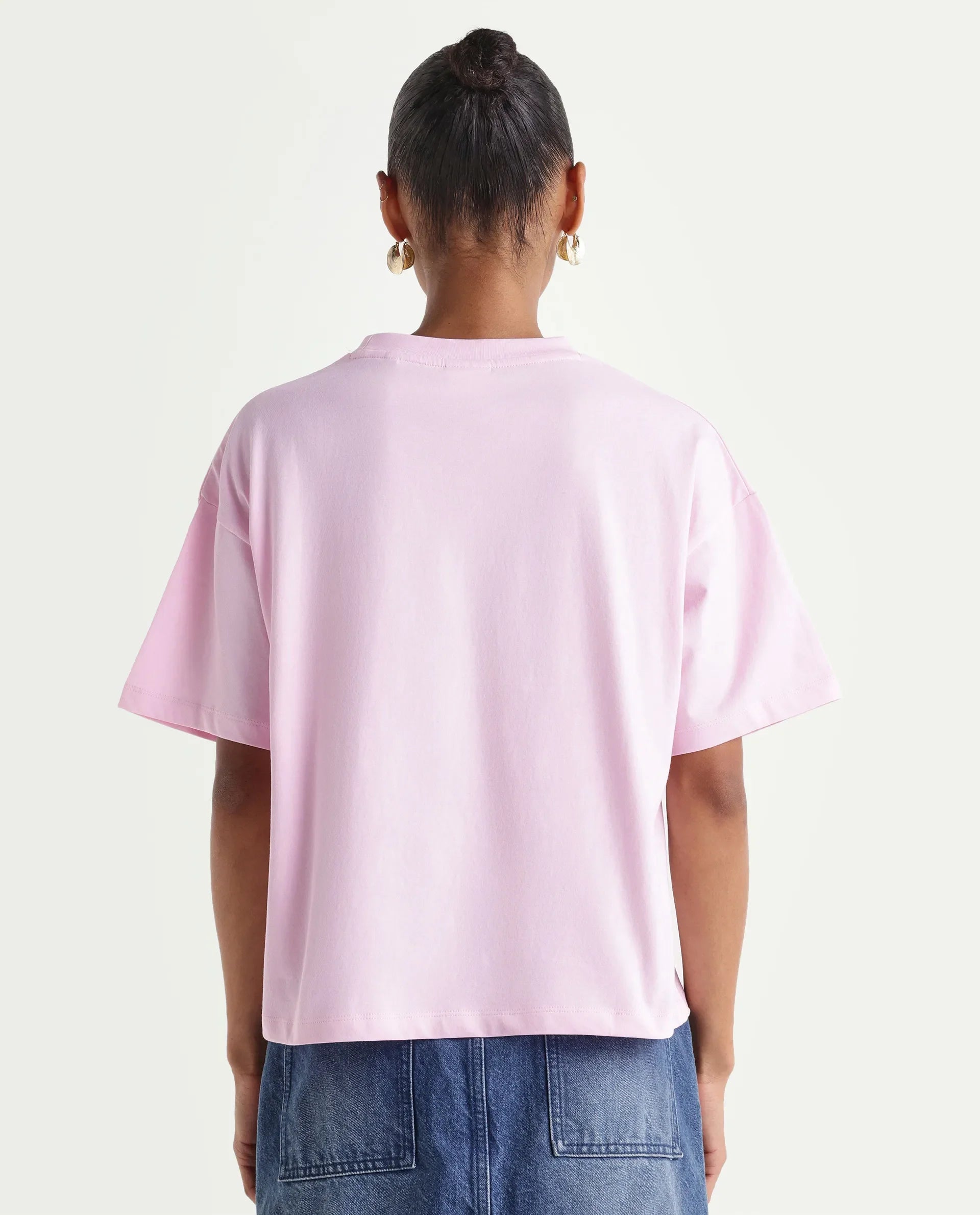 Rareism Women's Zew Light Pink Cotton Crew Neck Pull-On Boxy Plain T-Shirt