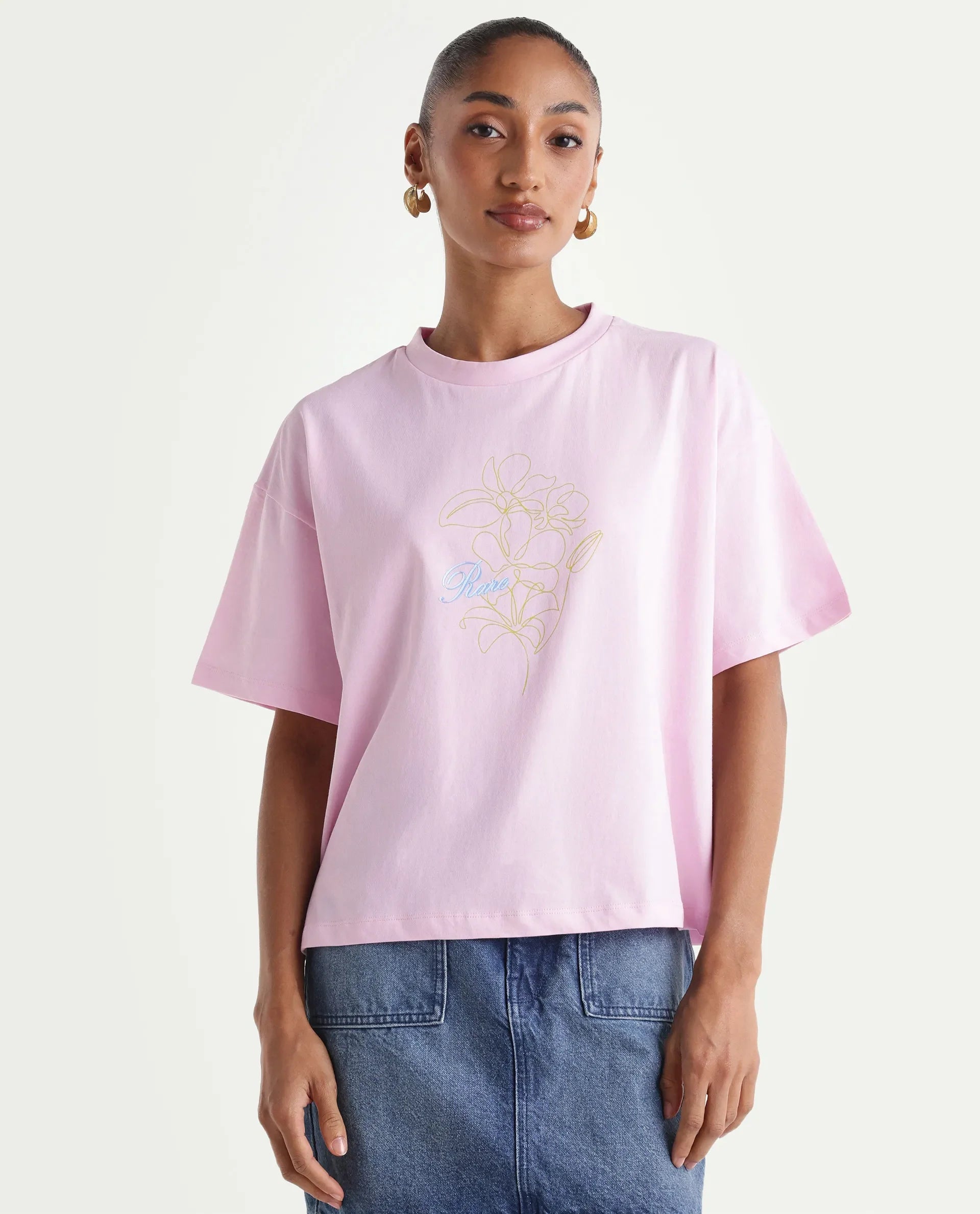 Rareism Women's Zew Light Pink Cotton Crew Neck Pull-On Boxy Plain T-Shirt