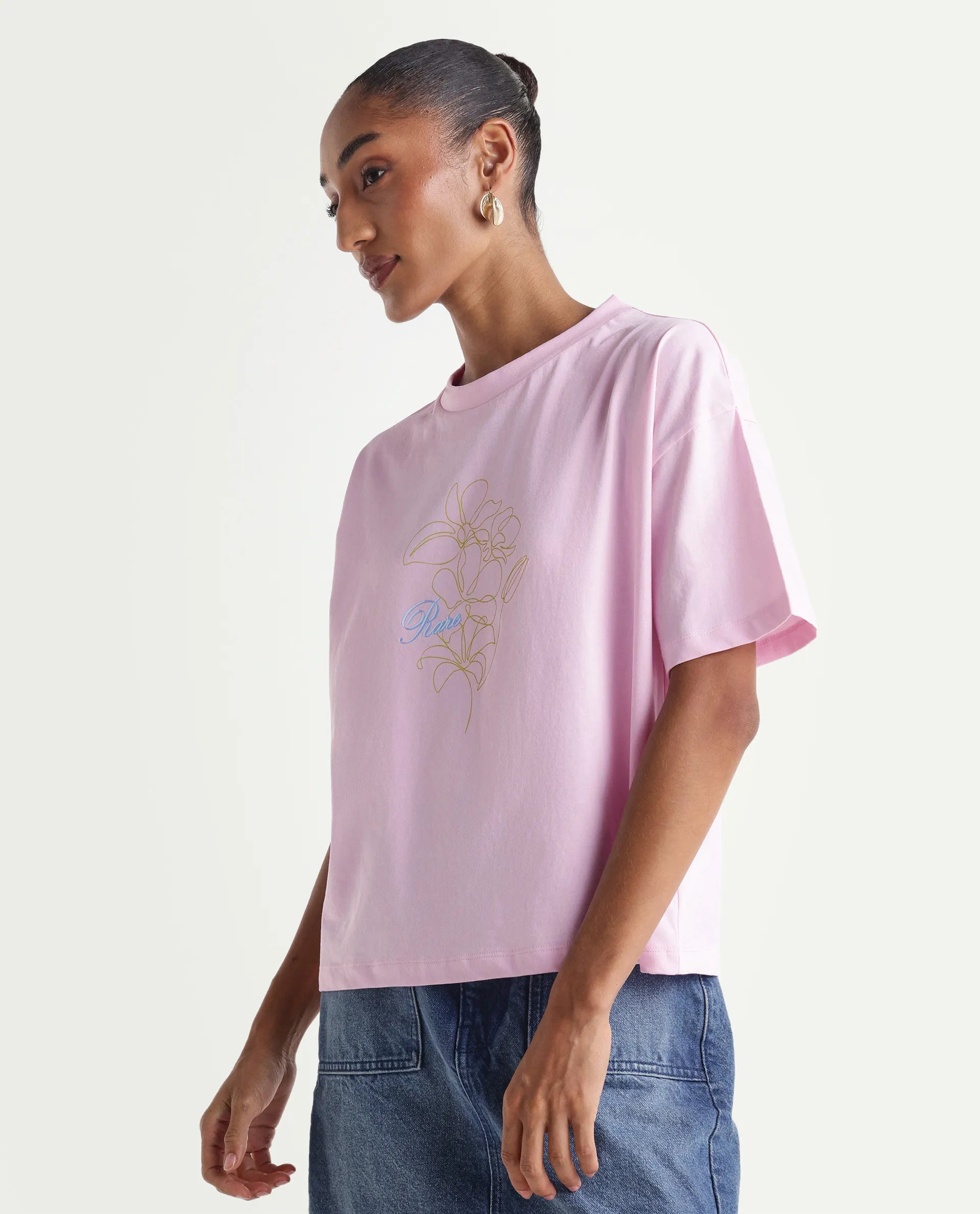 Rareism Women's Zew Light Pink Cotton Crew Neck Pull-On Boxy Plain T-Shirt