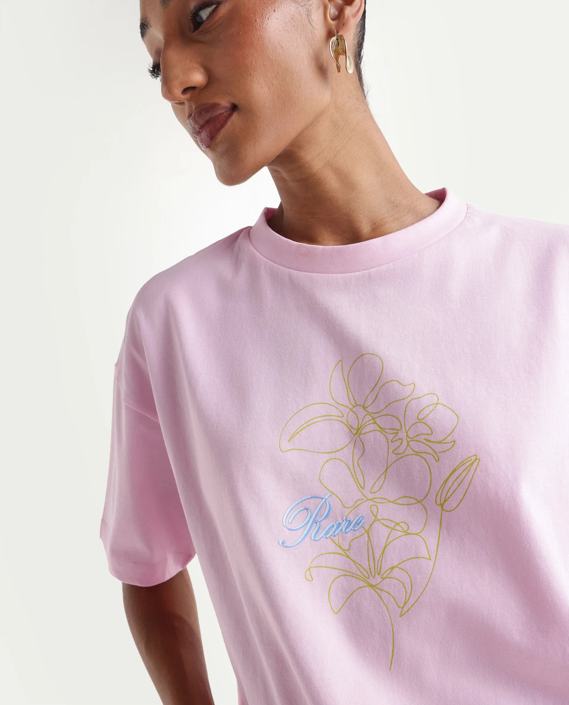 Rareism Women's Zew Light Pink Cotton Crew Neck Pull-On Boxy Plain T-Shirt
