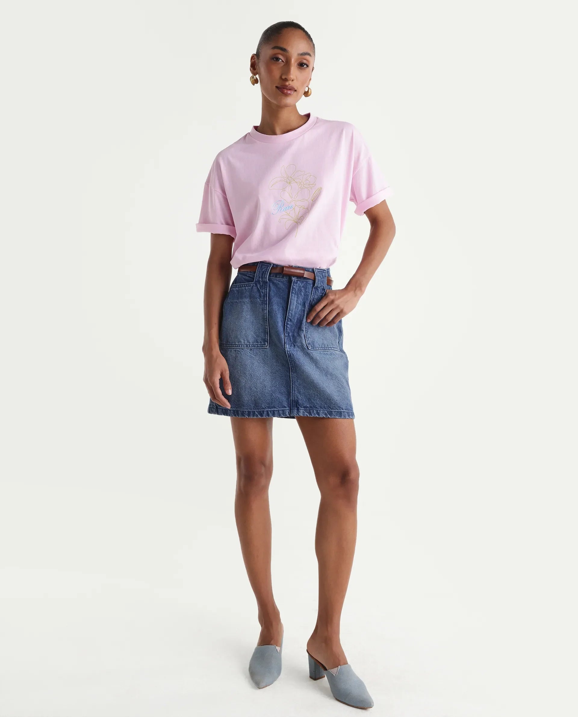 Rareism Women's Zew Light Pink Cotton Crew Neck Pull-On Boxy Plain T-Shirt