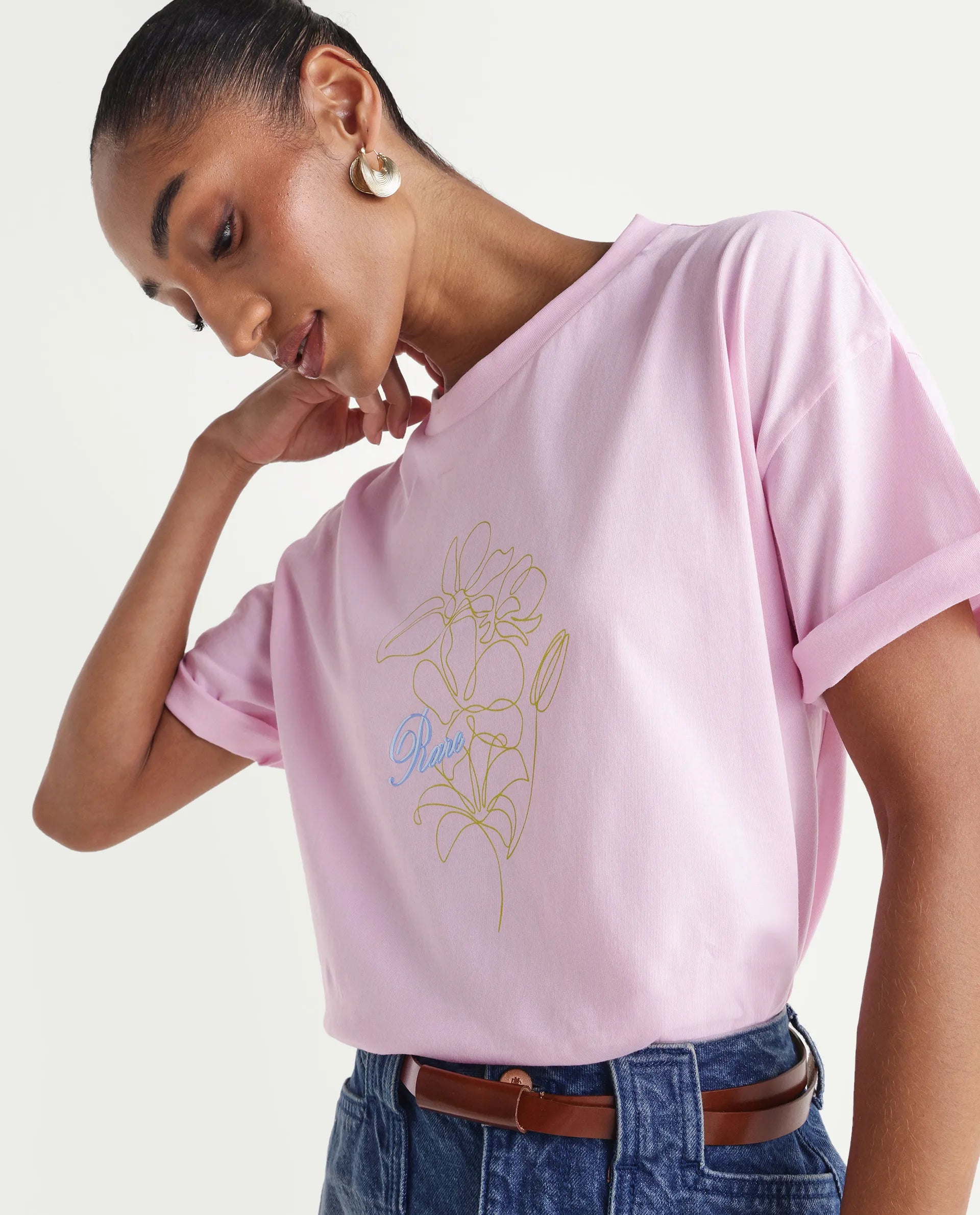 Rareism Women's Zew Light Pink Cotton Crew Neck Pull-On Boxy Plain T-Shirt