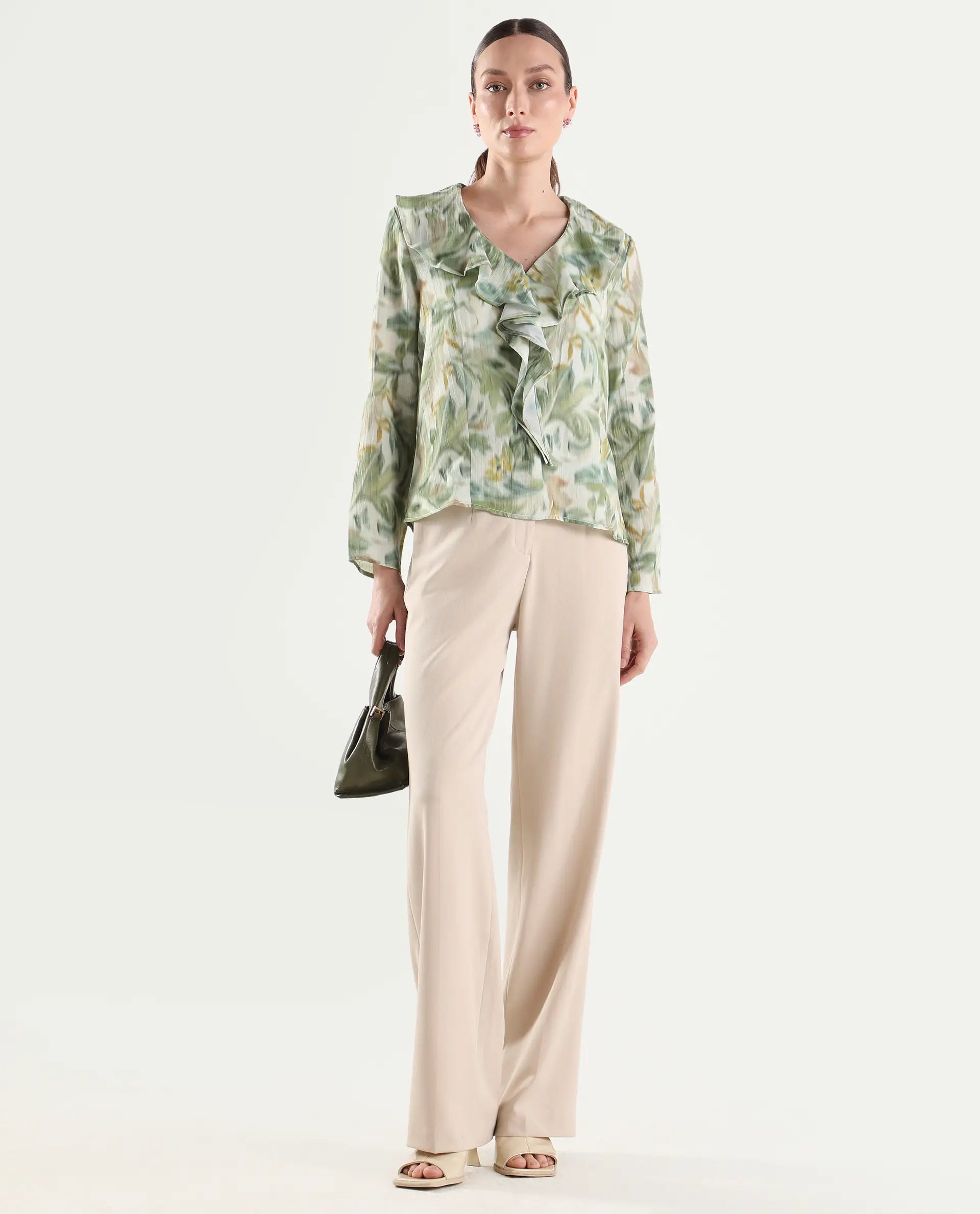 Rareism Women's Abena Light Green Polyester Full Sleeve Regular Fit Printed Top