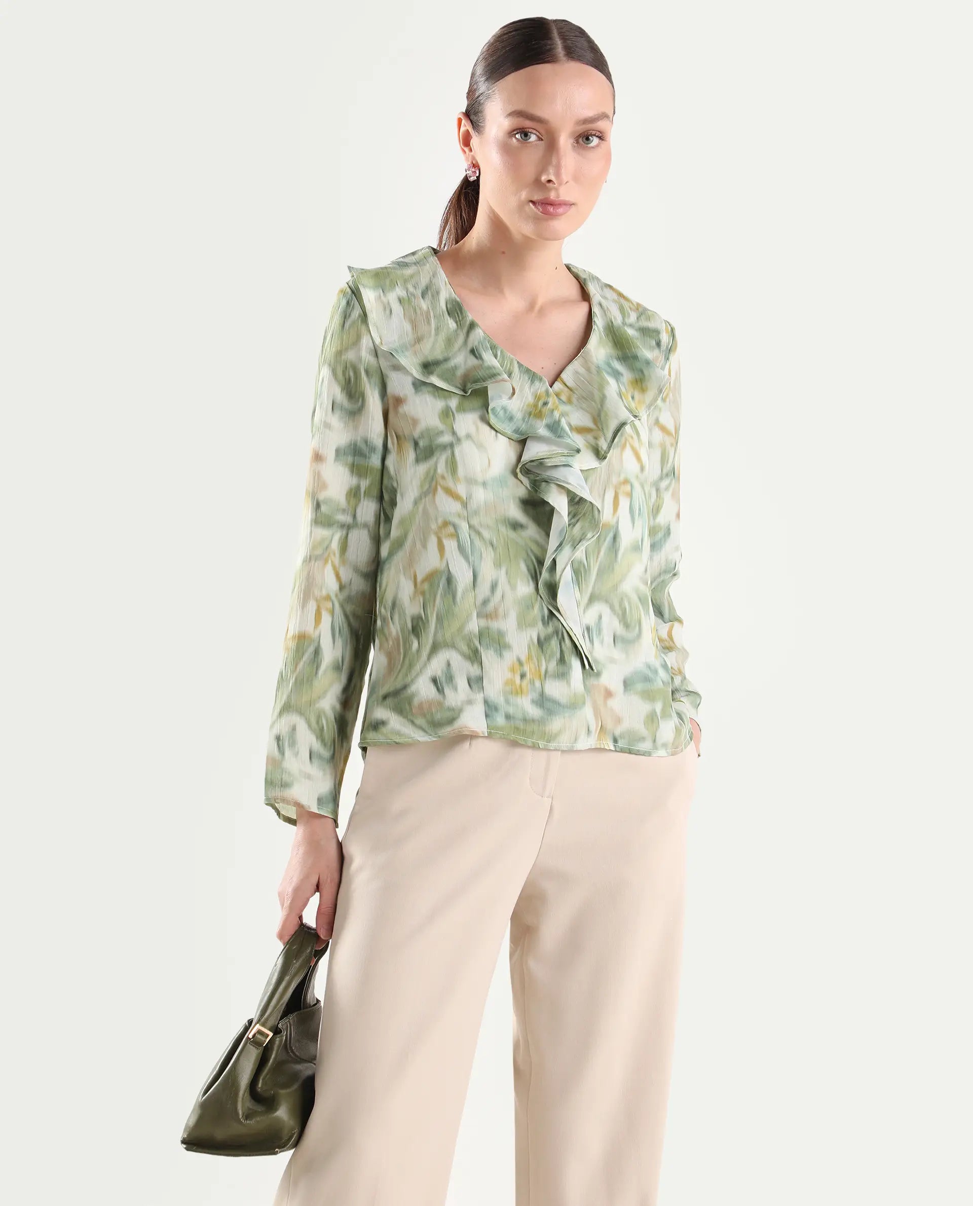 Rareism Women's Abena Light Green Polyester Full Sleeve Regular Fit Printed Top