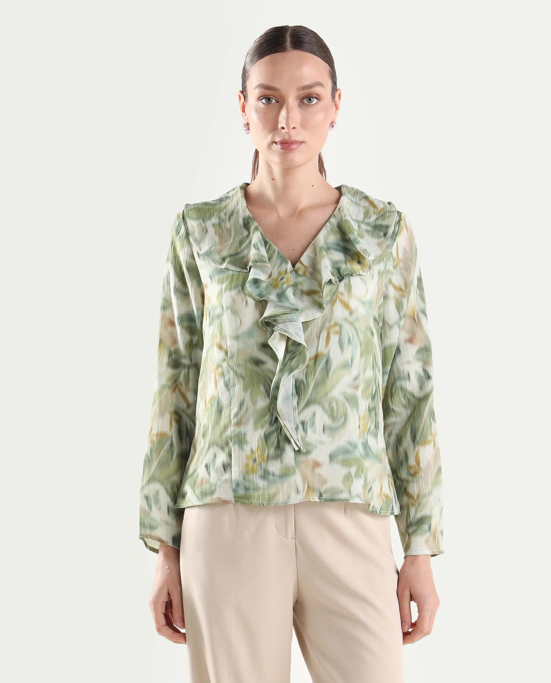 Rareism Women's Abena Light Green Polyester Full Sleeve Regular Fit Printed Top