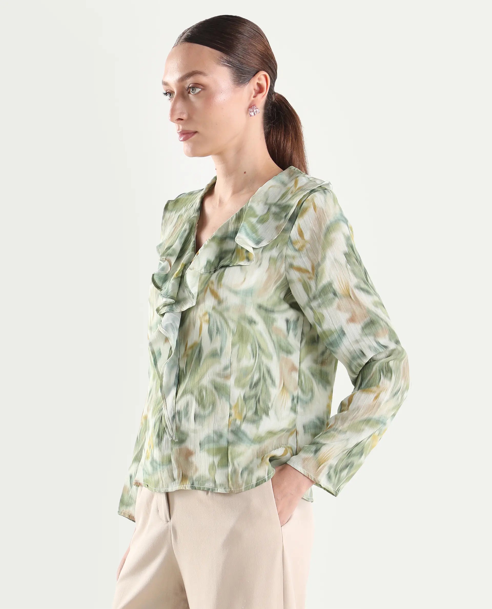 Rareism Women's Abena Light Green Polyester Full Sleeve Regular Fit Printed Top