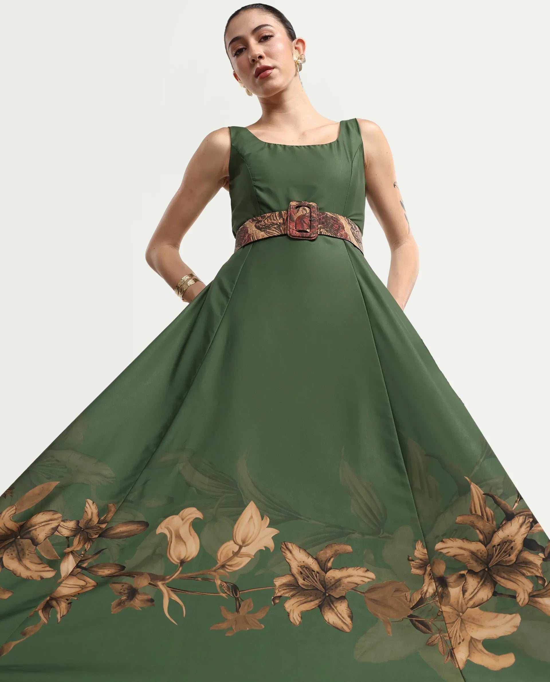 Rareism Women's Aeria Olive Polyester Sleeveless Fit And Flare Floral Print Dress
