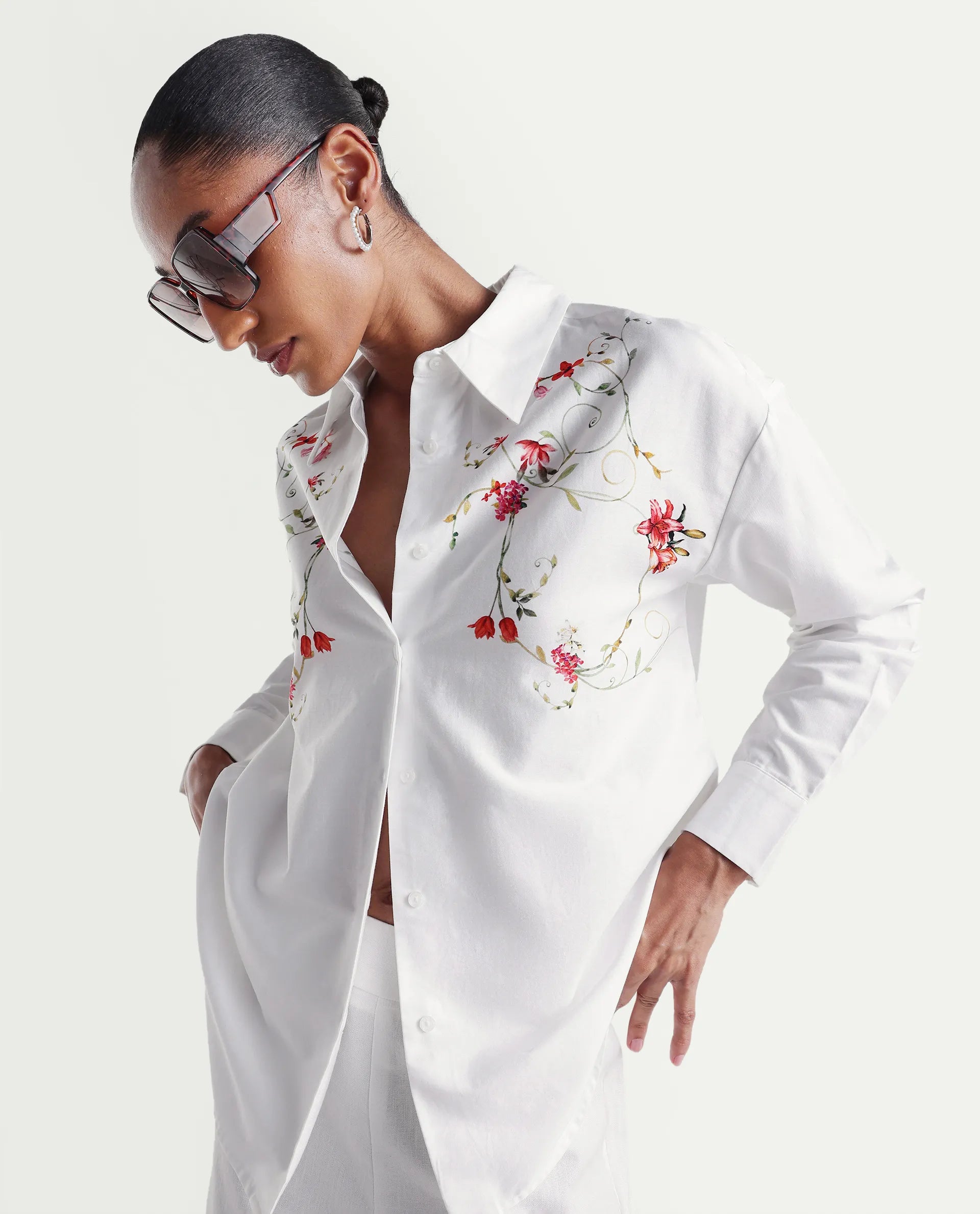 Rareism Women's Aerie Off White Cotton Satin Full Sleeve Oversize Fit Floral Print Shirt