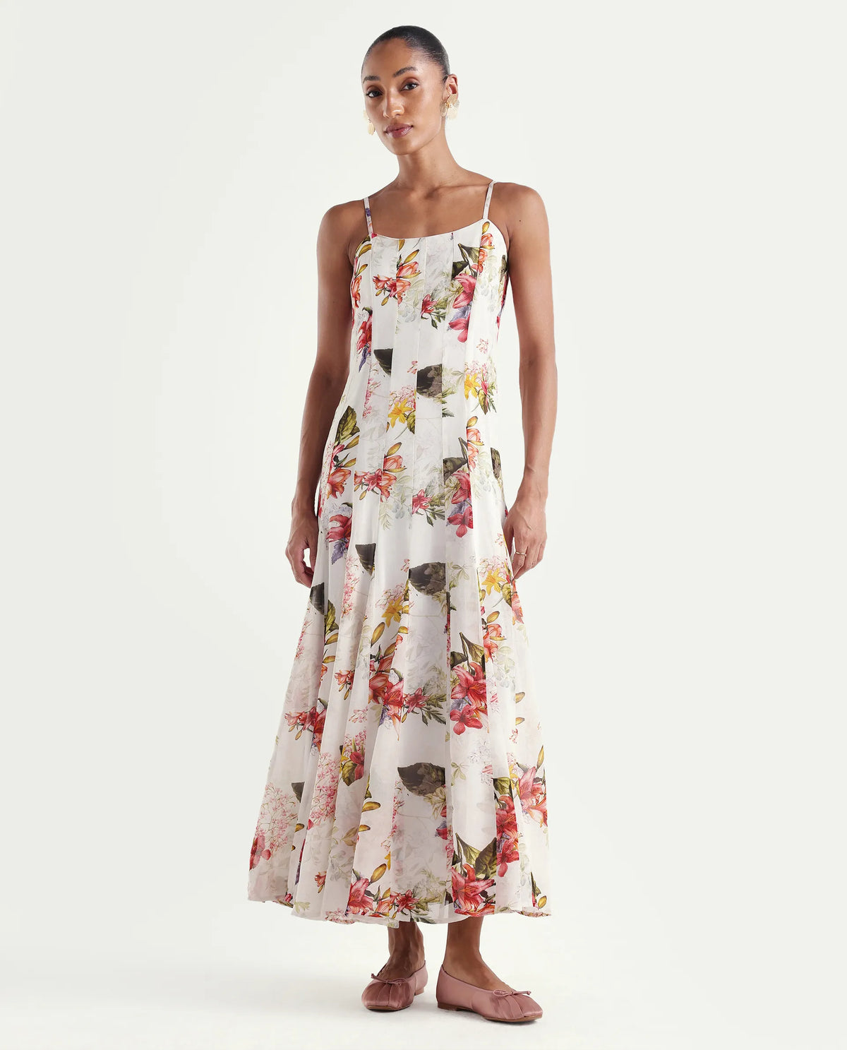 Rareism Women's Ailsa Off White Viscose Blend Sleeveless Fit And Flare Floral Print Dress