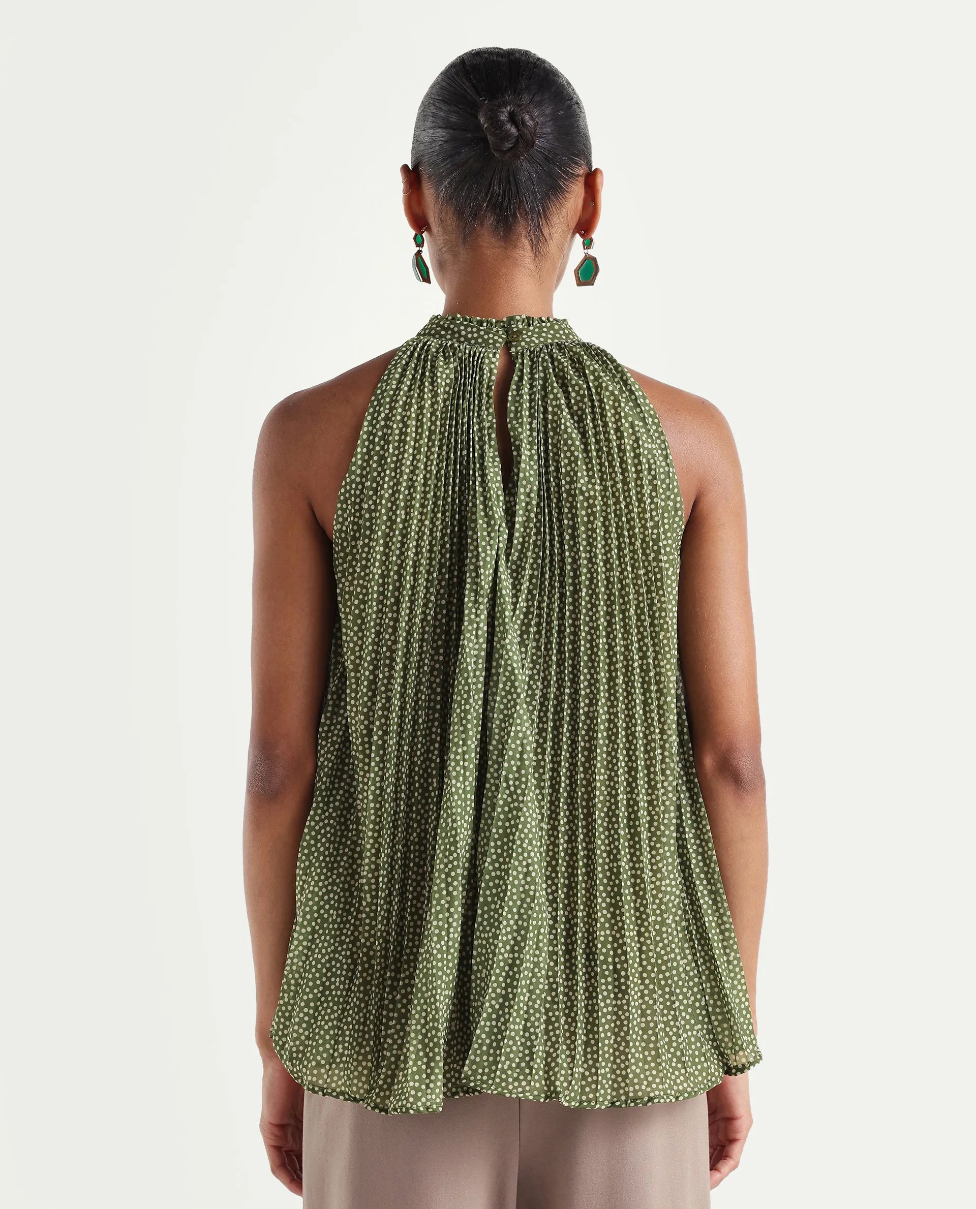 Rareism Women's Ambra Olive Polyester Sleeveless Regular Fit Polka Print Top