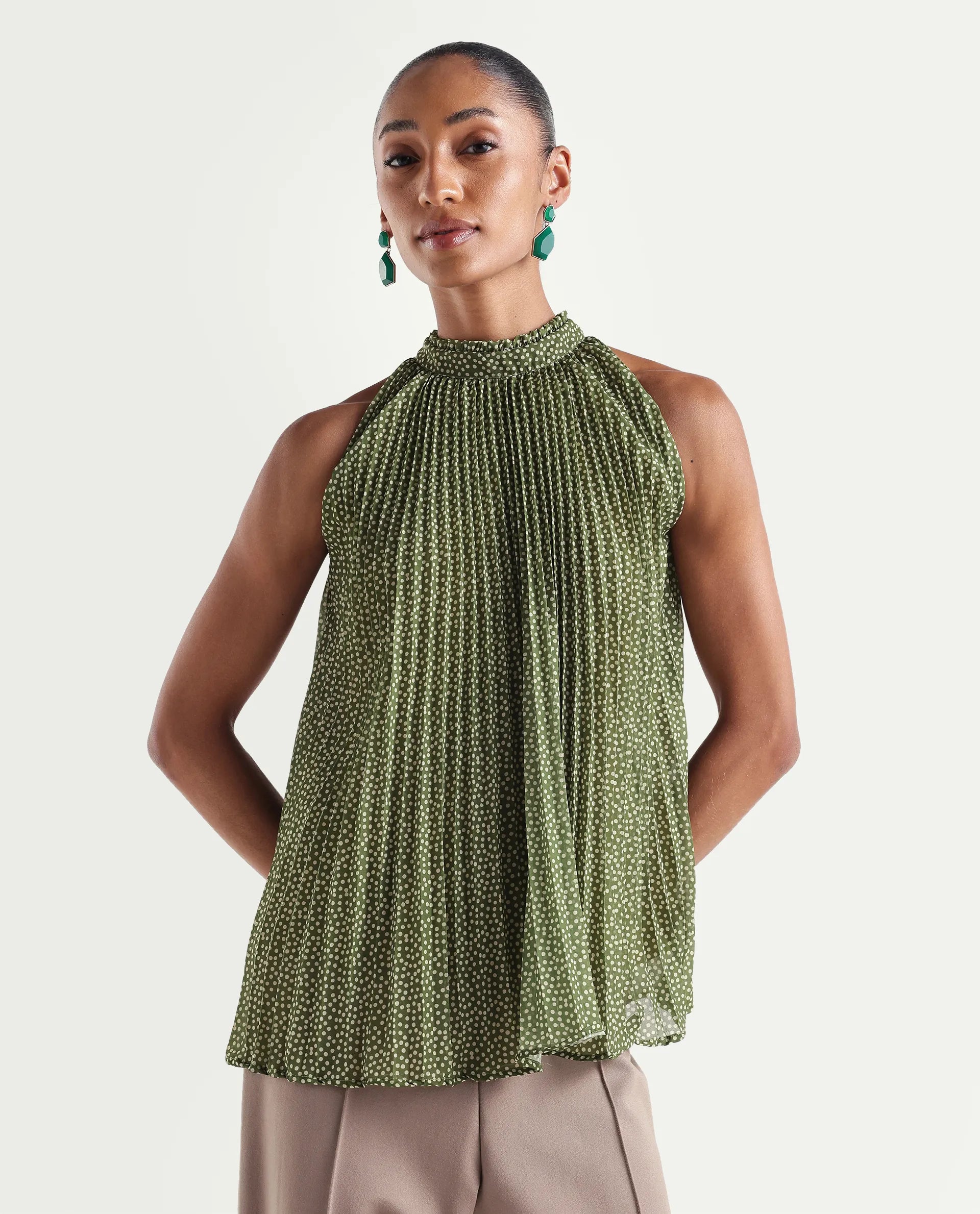 Rareism Women's Ambra Olive Polyester Sleeveless Regular Fit Polka Print Top