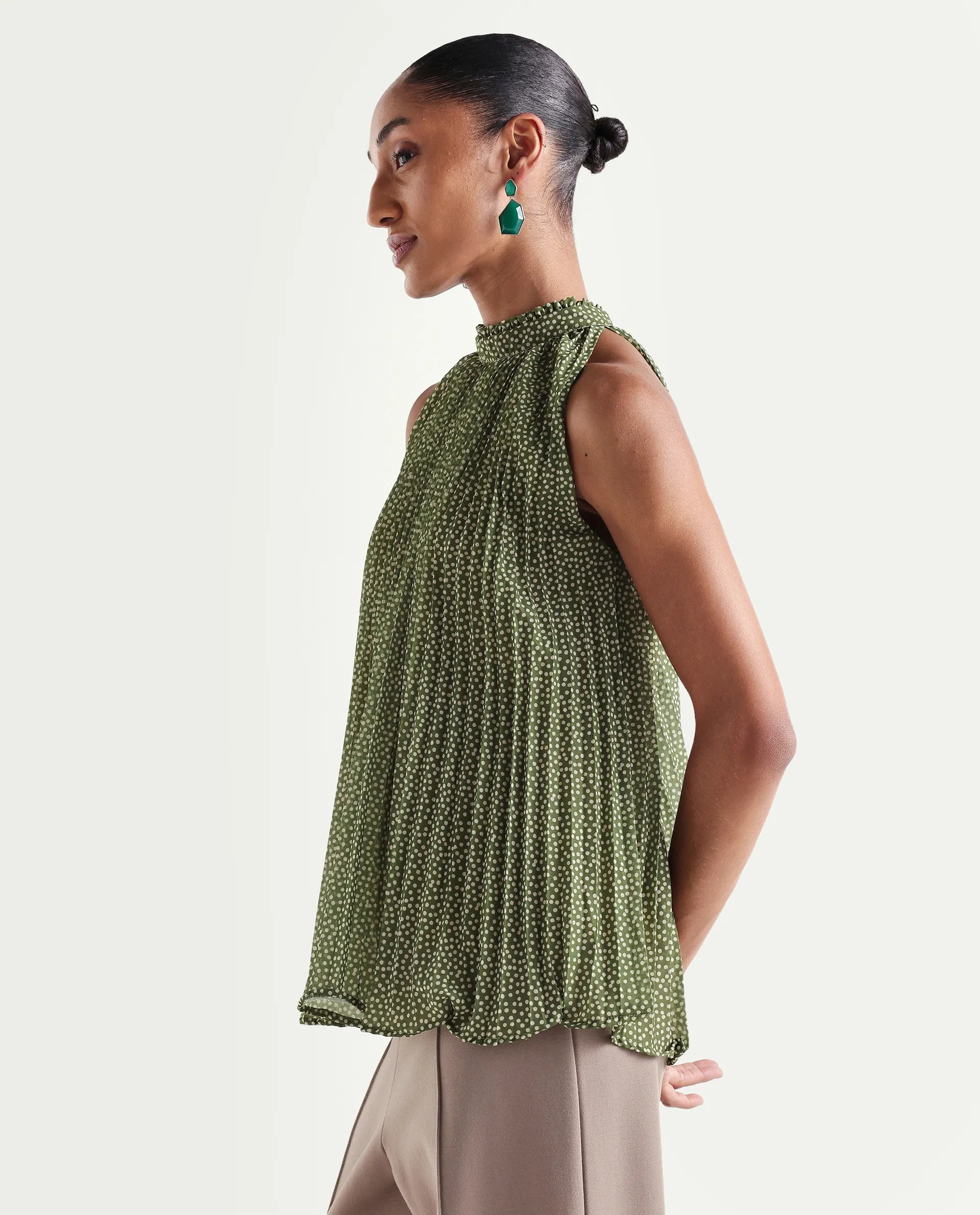 Rareism Women's Ambra Olive Polyester Sleeveless Regular Fit Polka Print Top