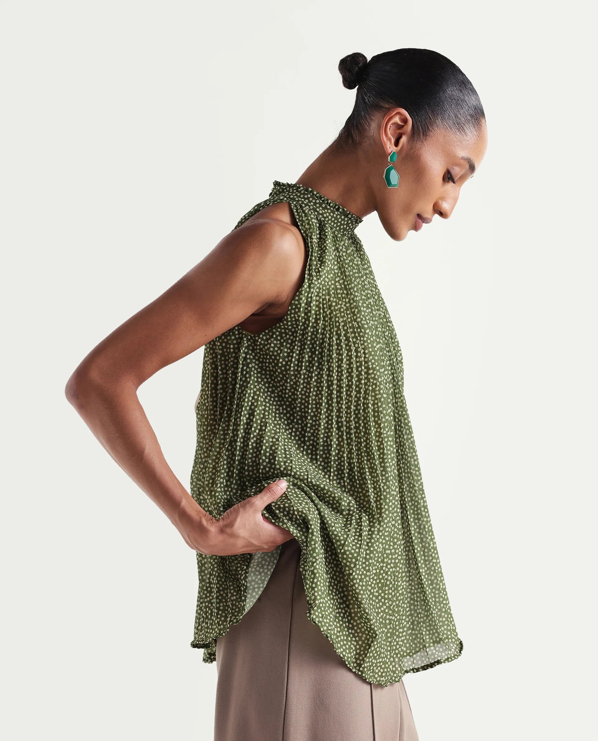 Rareism Women's Ambra Olive Polyester Sleeveless Regular Fit Polka Print Top