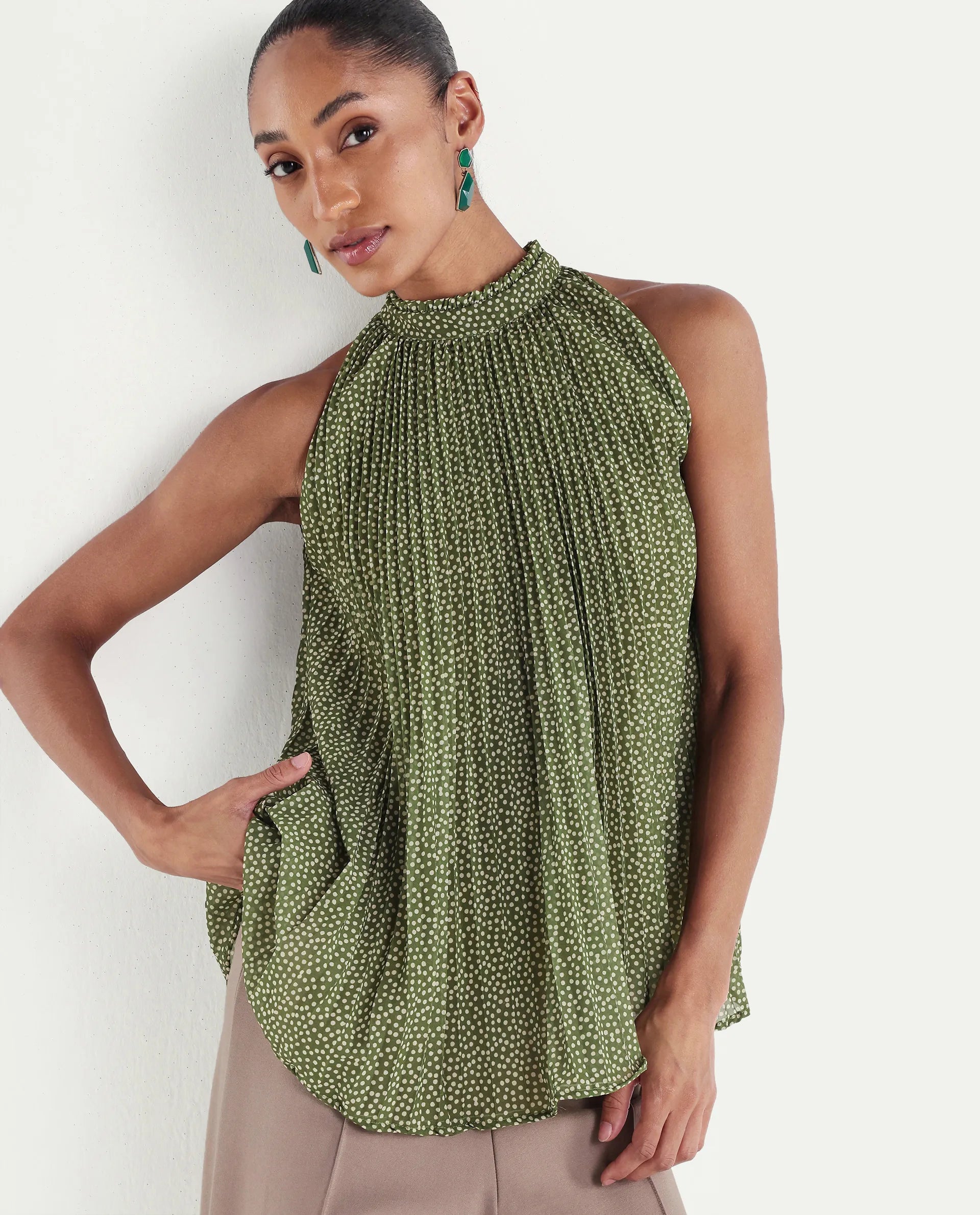 Rareism Women's Ambra Olive Polyester Sleeveless Regular Fit Polka Print Top