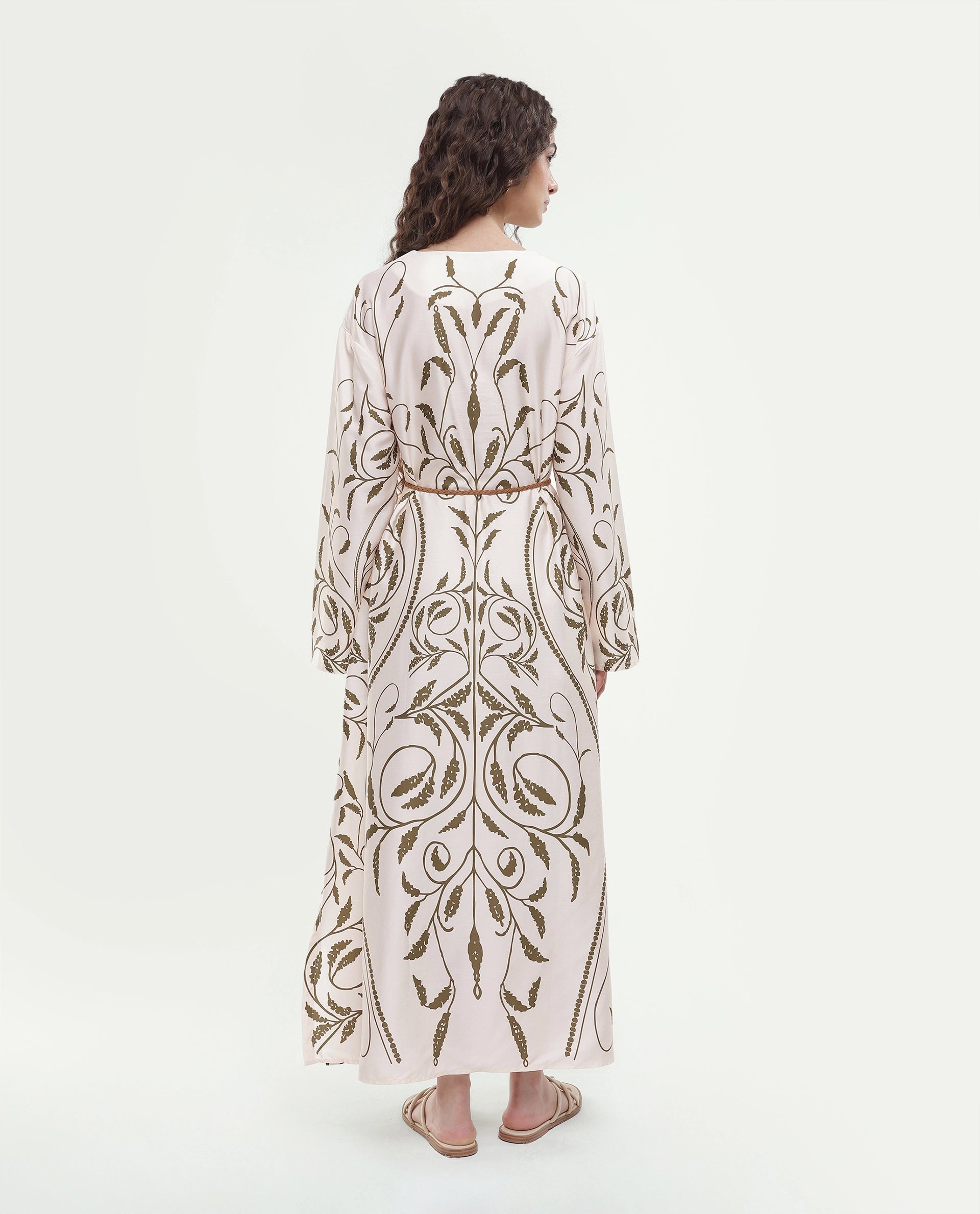 Rareism Women's Anin Beige Floral Cotton Blend A-Line Full Sleeve Dress