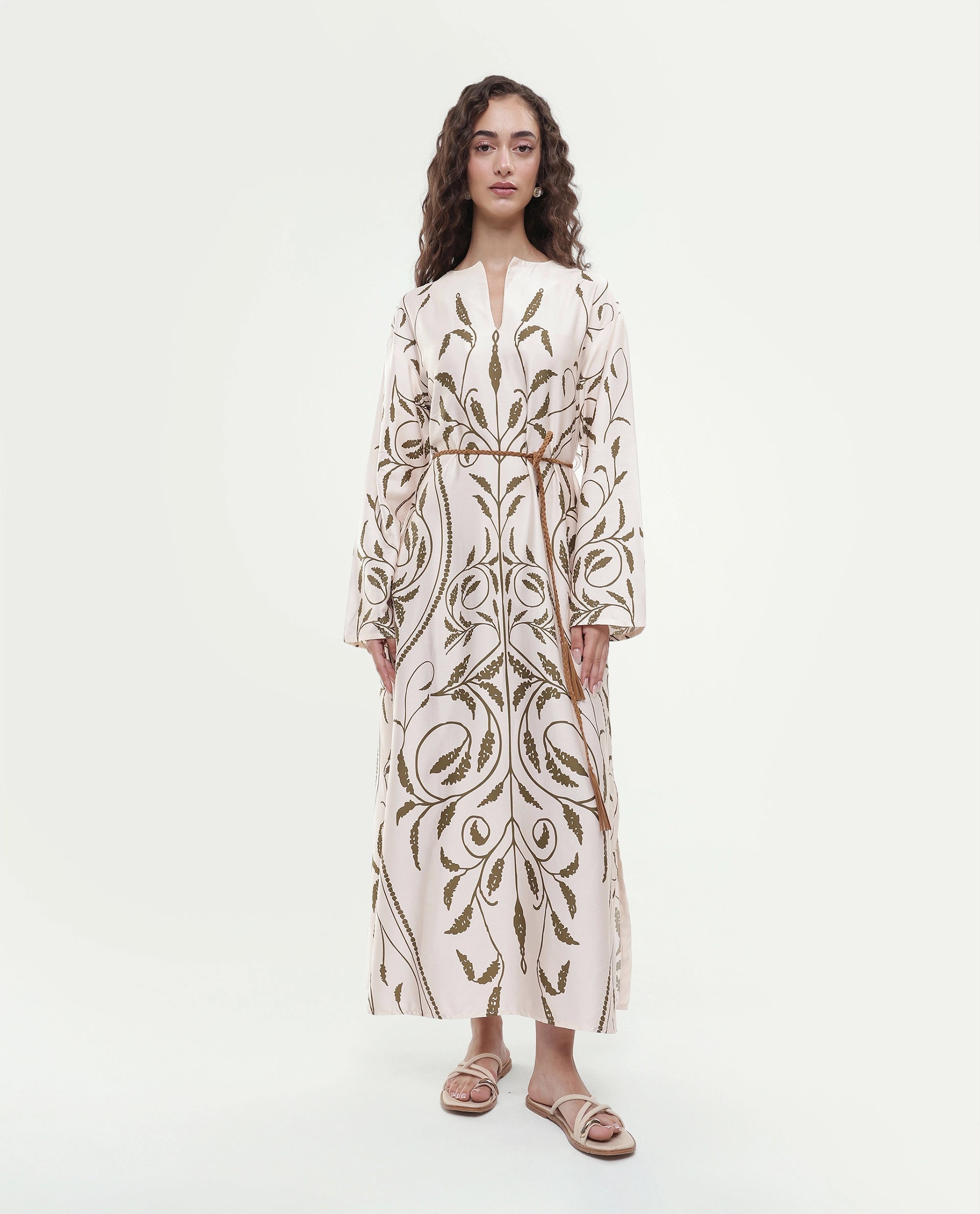 Rareism Women's Anin Beige Floral Cotton Blend A-Line Full Sleeve Dress