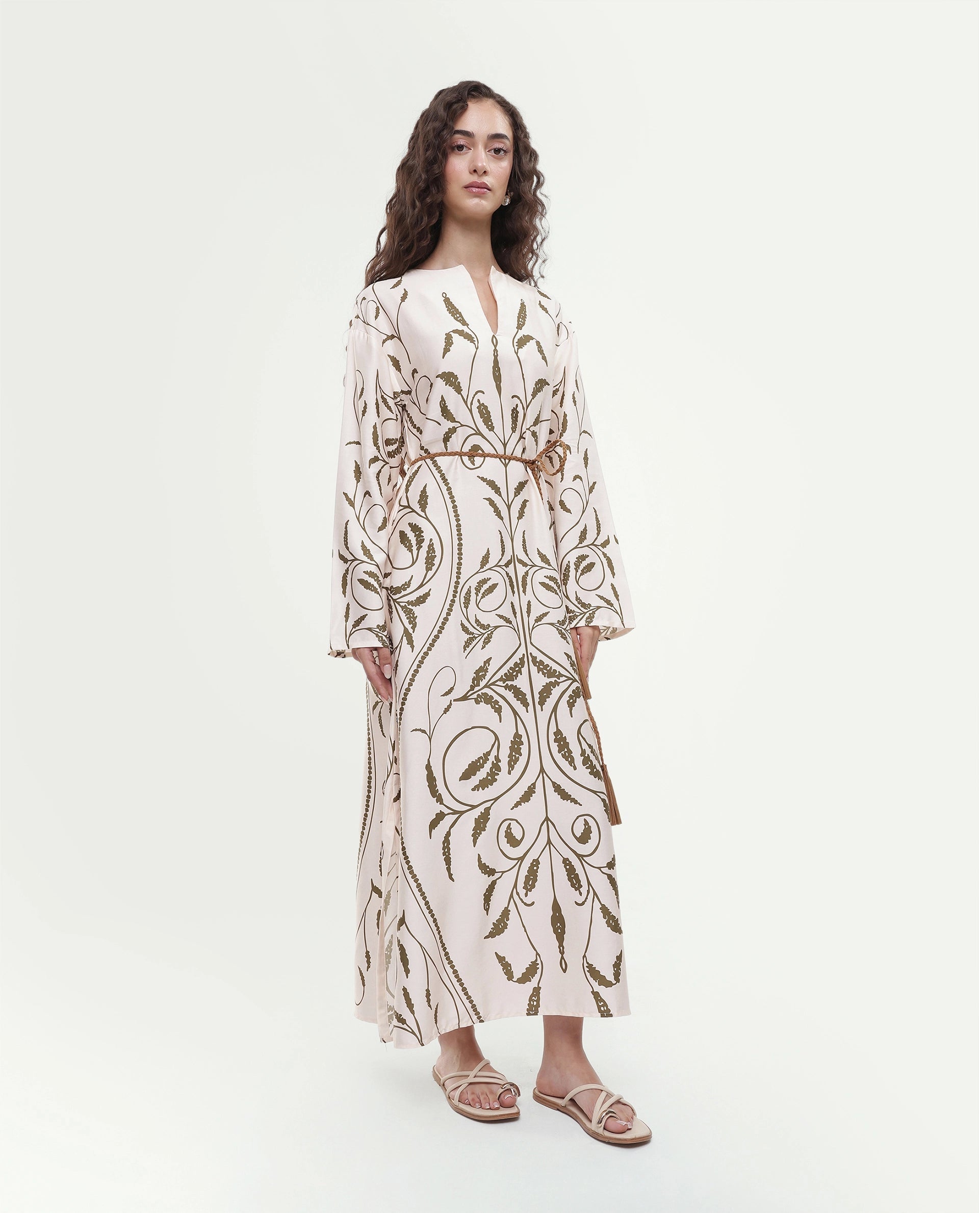Rareism Women's Anin Beige Floral Cotton Blend A-Line Full Sleeve Dress