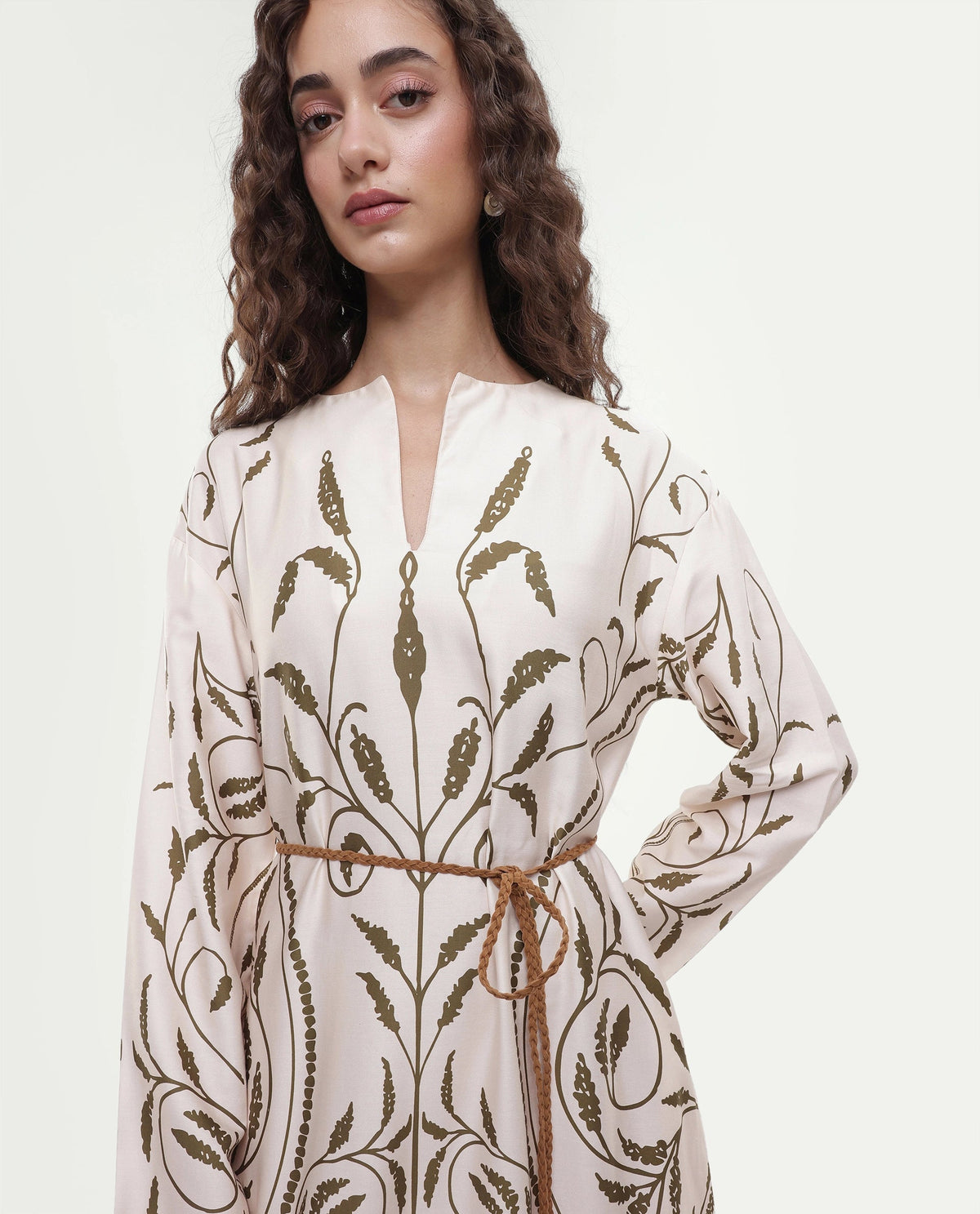 Rareism Women's Anin Beige Floral Cotton Blend A-Line Full Sleeve Dress