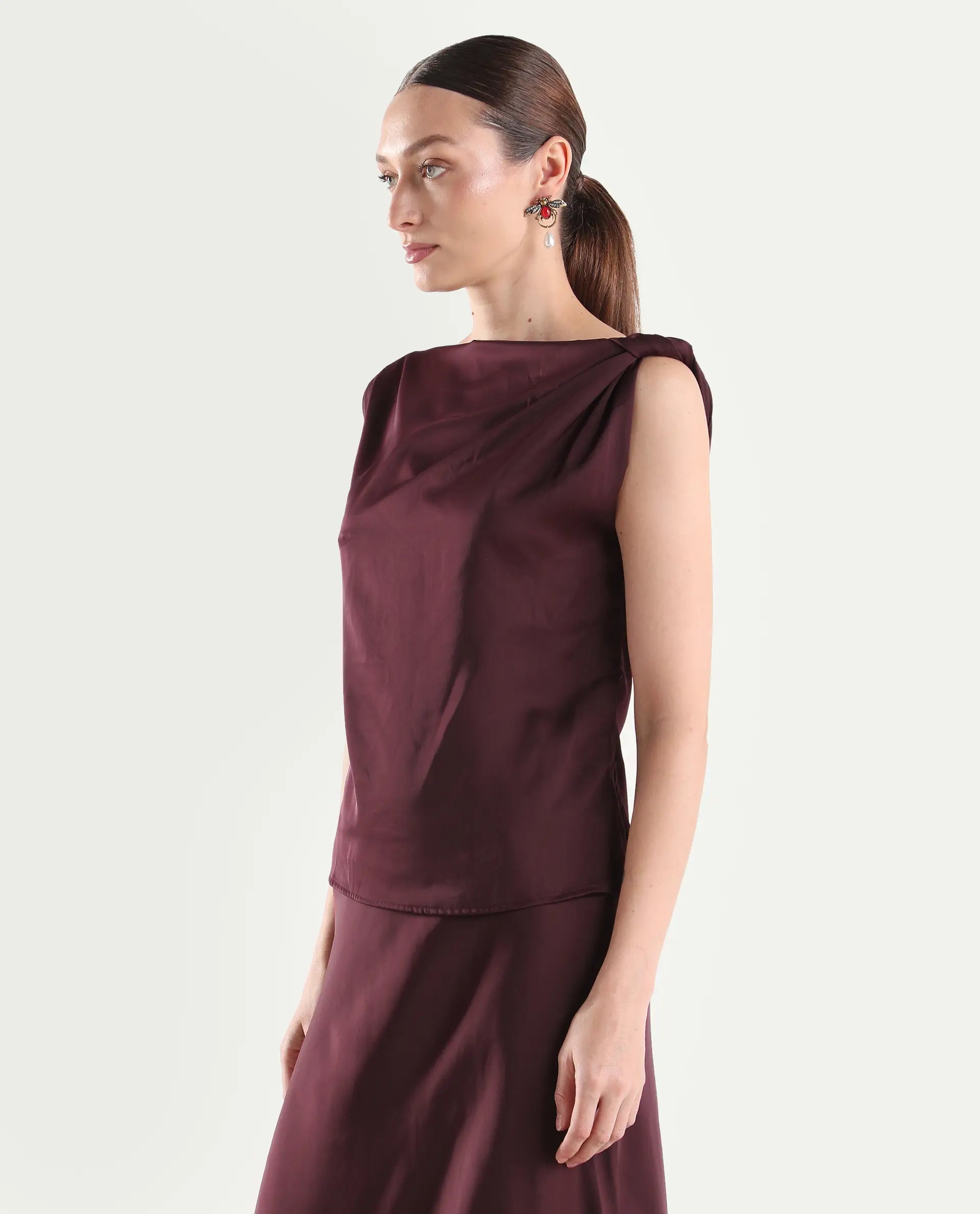 Rareism Women's Aoron-T Maroon Polyester Sleeveless Regular Fit Plain Top