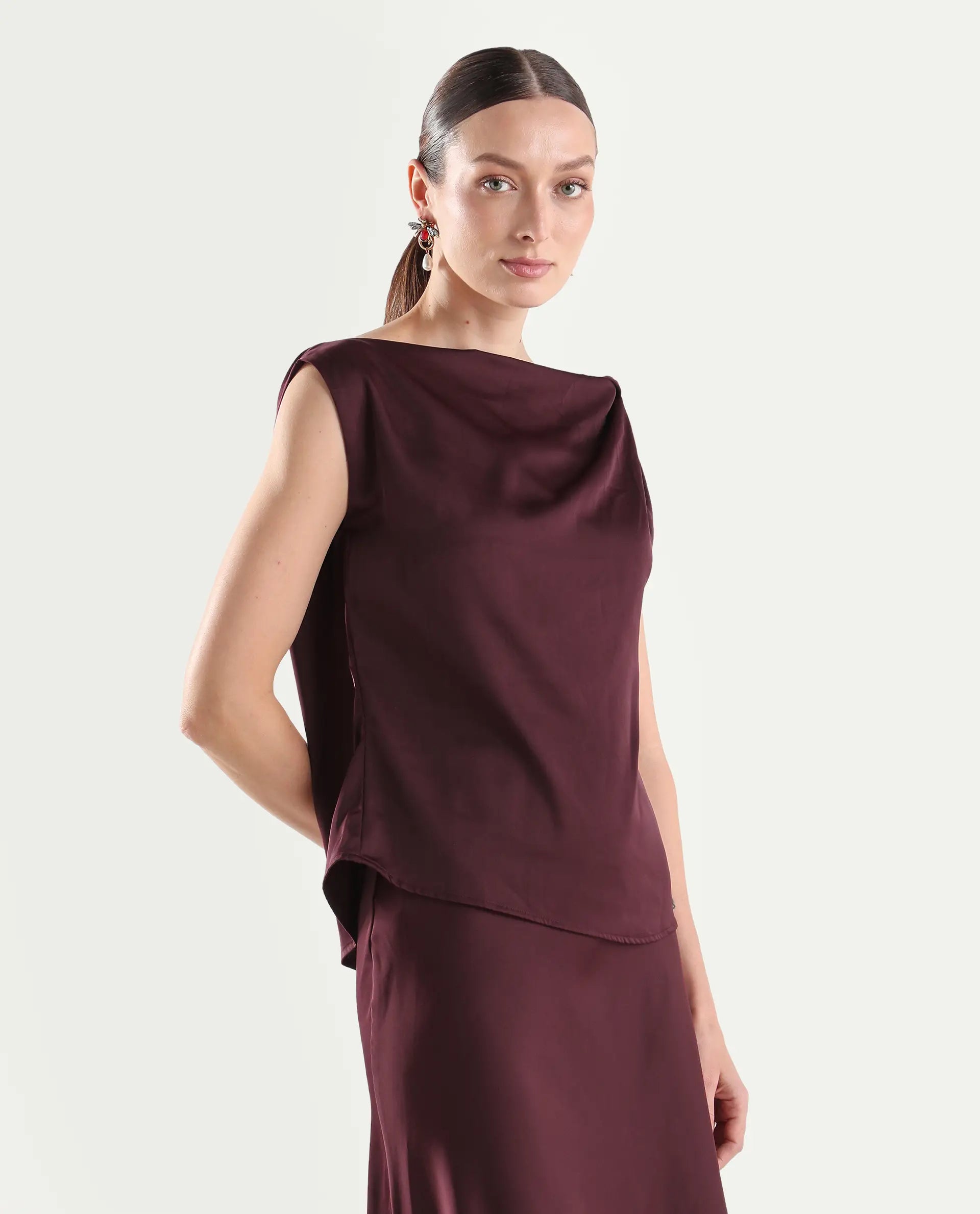 Rareism Women's Aoron-T Maroon Polyester Sleeveless Regular Fit Plain Top