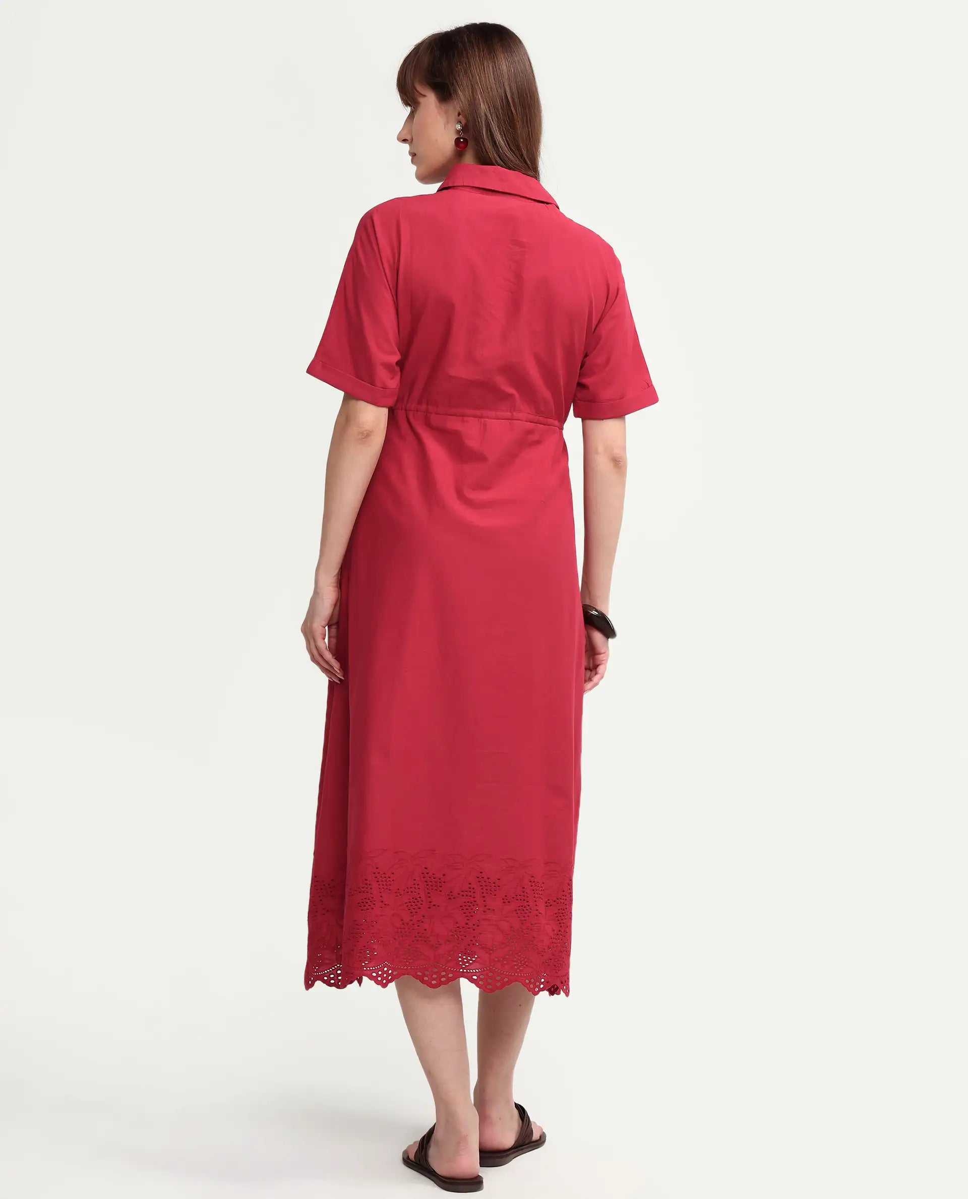 Rareism Women's Aunia Red Polyester Half Sleeve Flared Plain Dress