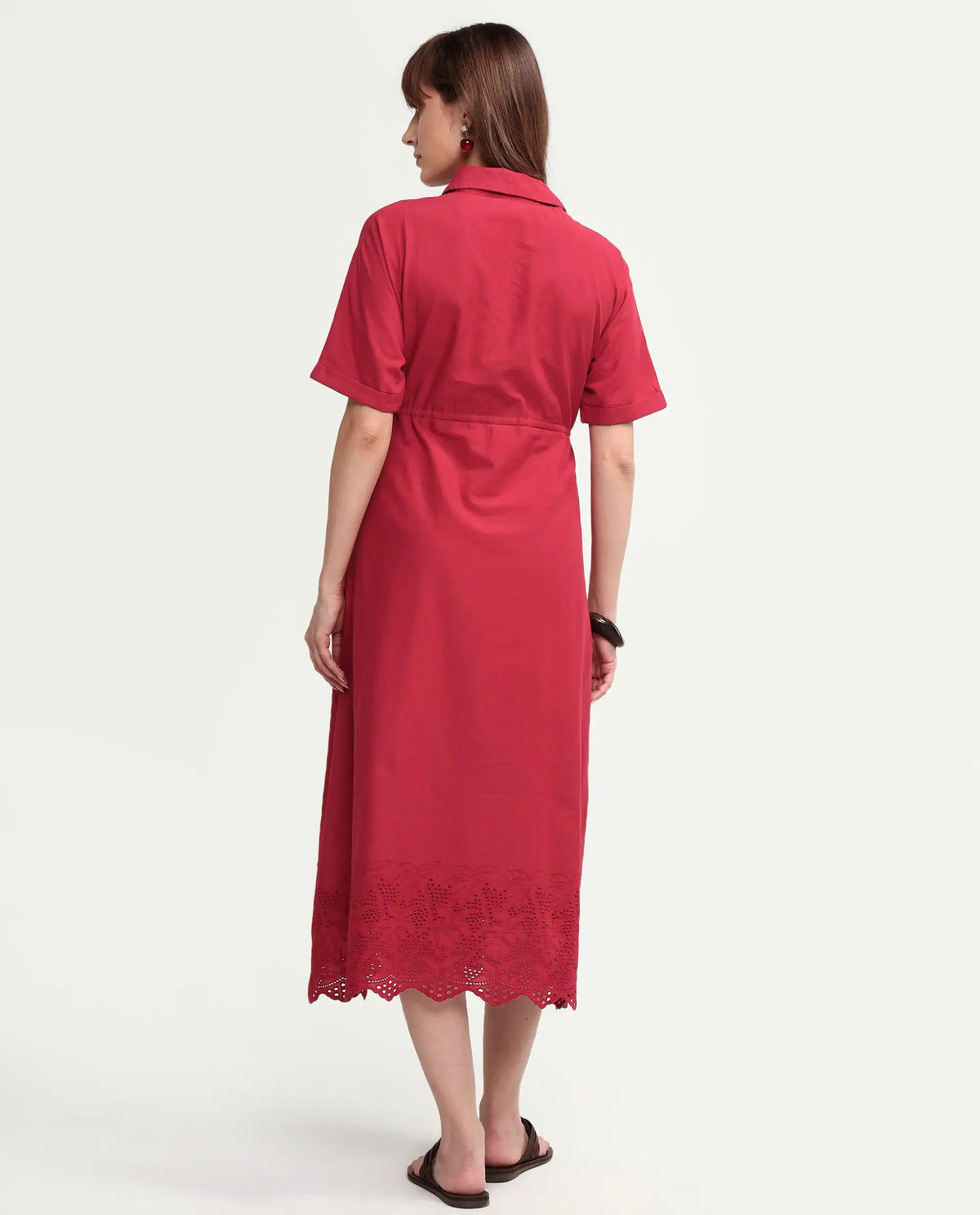 Rareism Women's Aunia Red Polyester Half Sleeve Flared Plain Dress