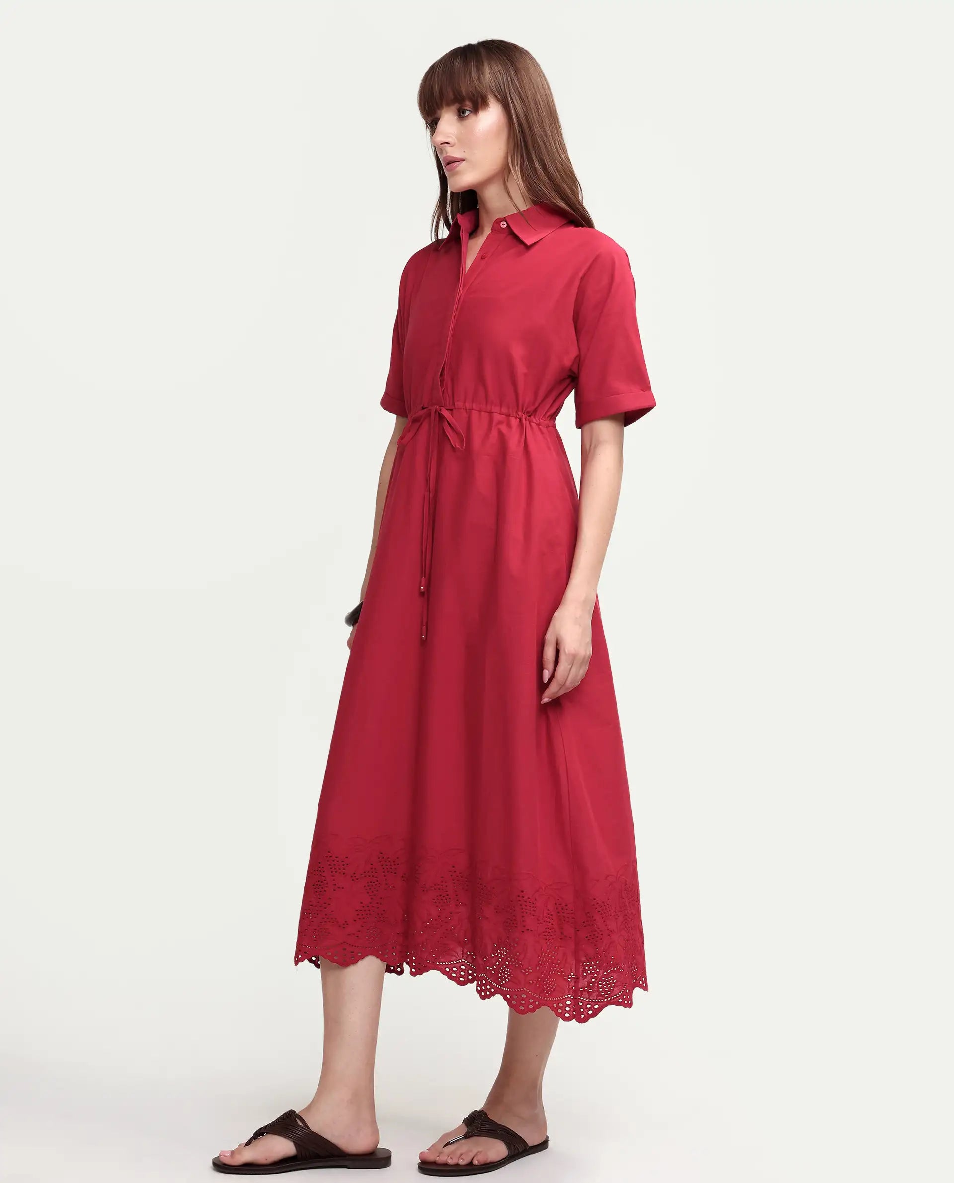 Rareism Women's Aunia Red Polyester Half Sleeve Flared Plain Dress