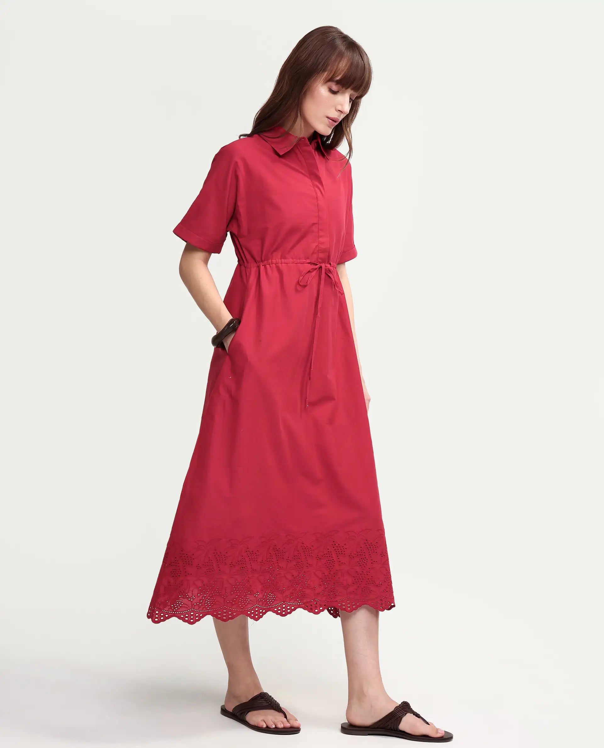 Rareism Women's Aunia Red Polyester Half Sleeve Flared Plain Dress