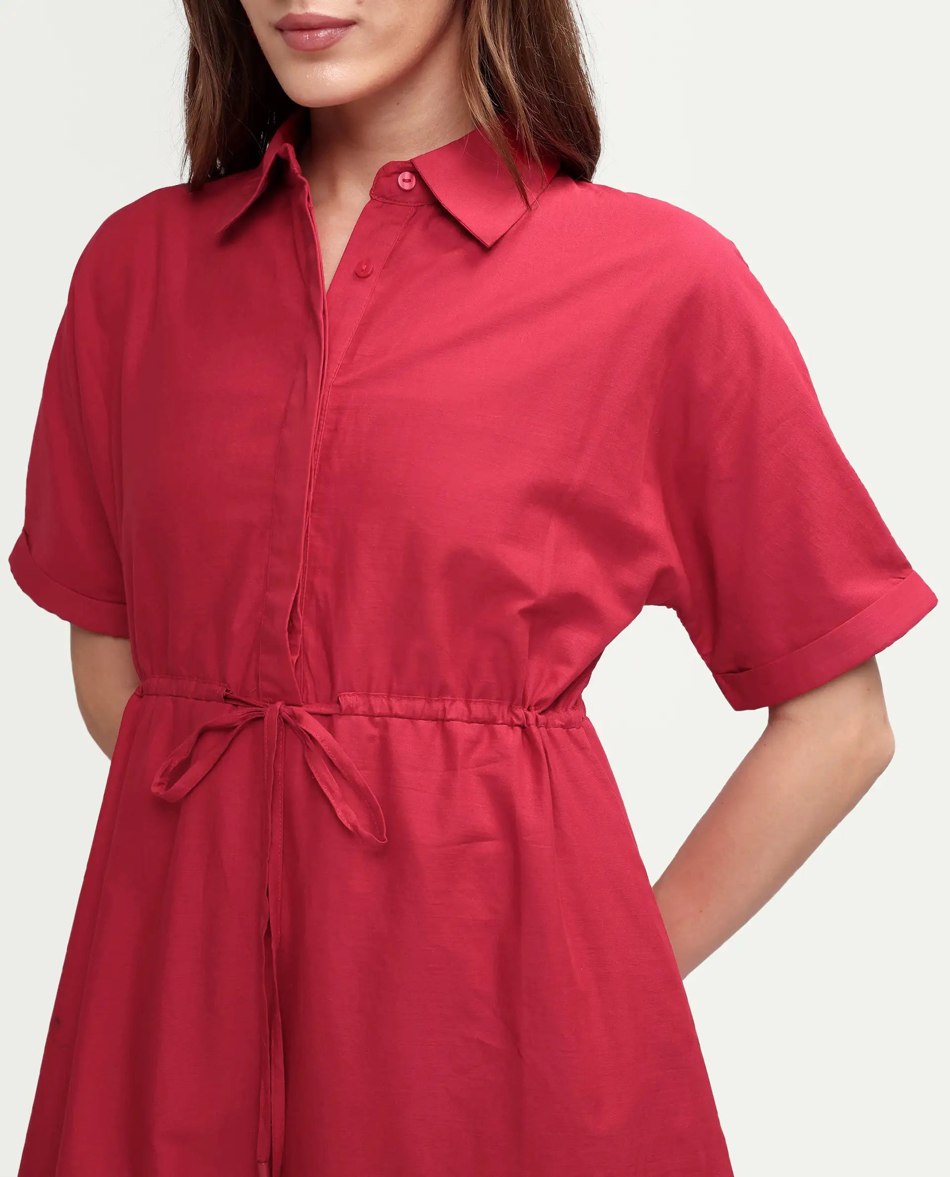 Rareism Women's Aunia Red Polyester Half Sleeve Flared Plain Dress