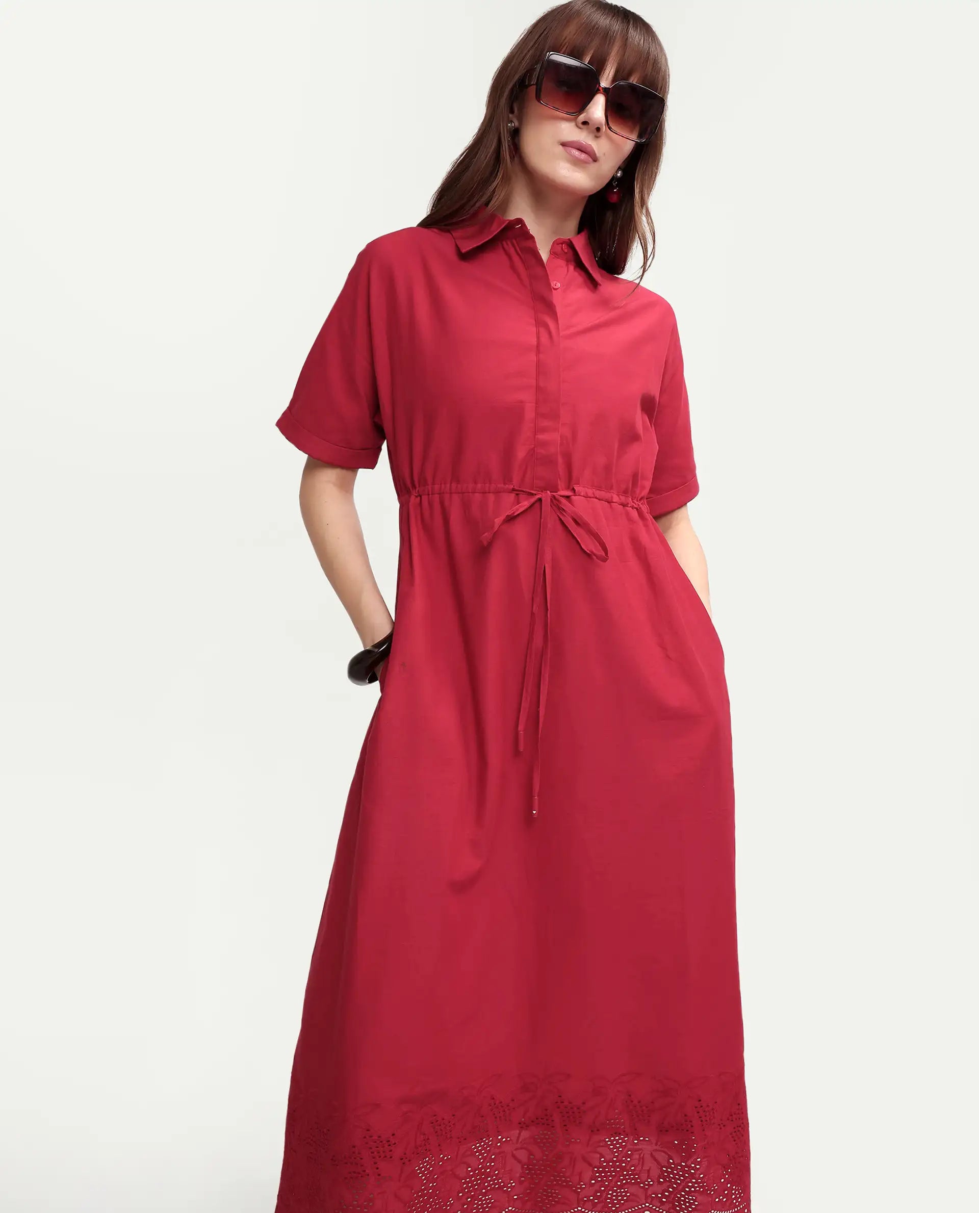 Rareism Women's Aunia Red Polyester Half Sleeve Flared Plain Dress