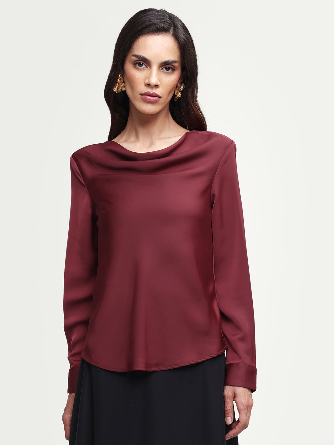 Rareism Women's Avier Dark Red Polyester Full Sleeve Cowl Neck Regular Fit Plain Top