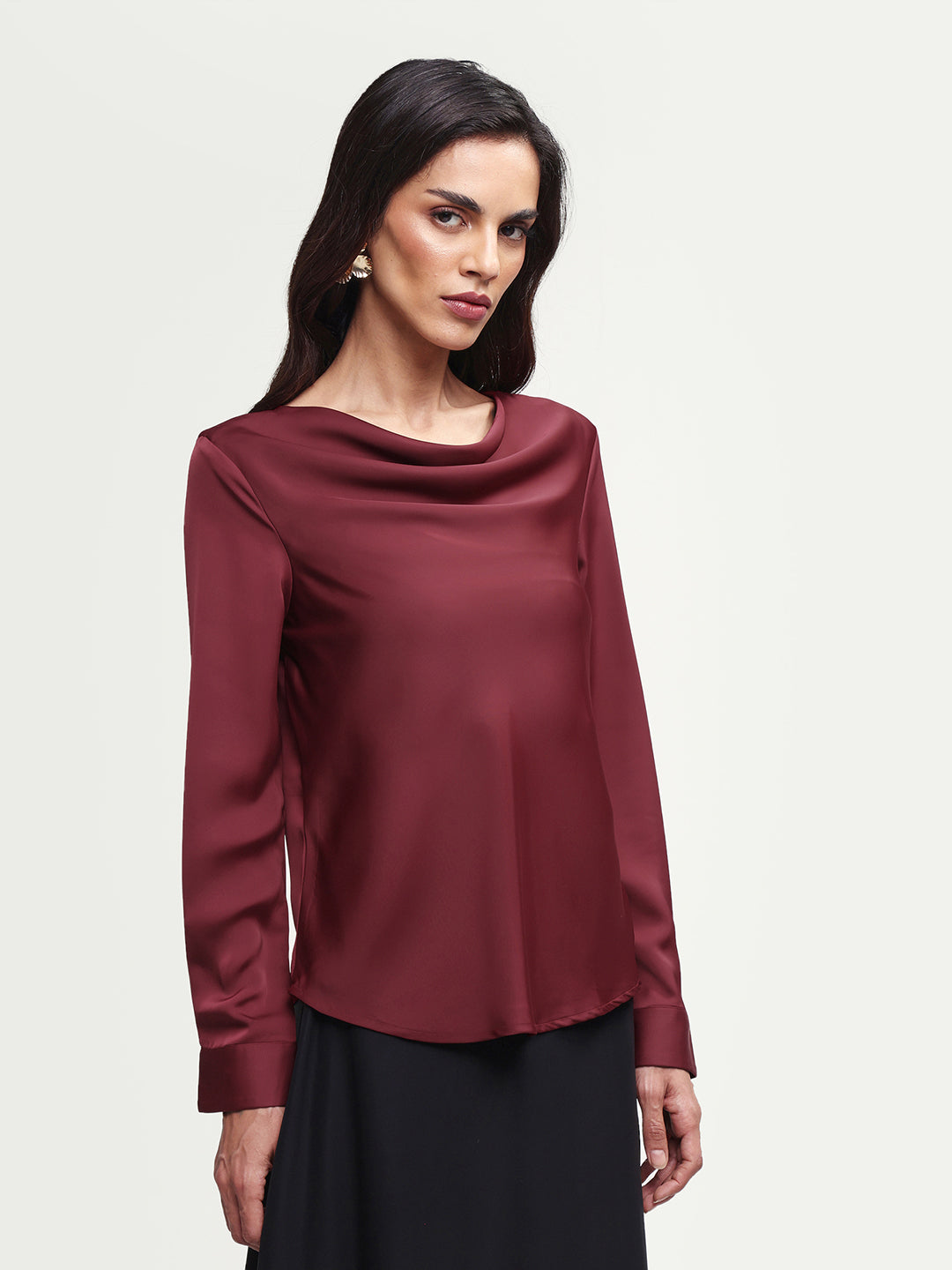 Rareism Women's Avier Dark Red Polyester Full Sleeve Cowl Neck Regular Fit Plain Top