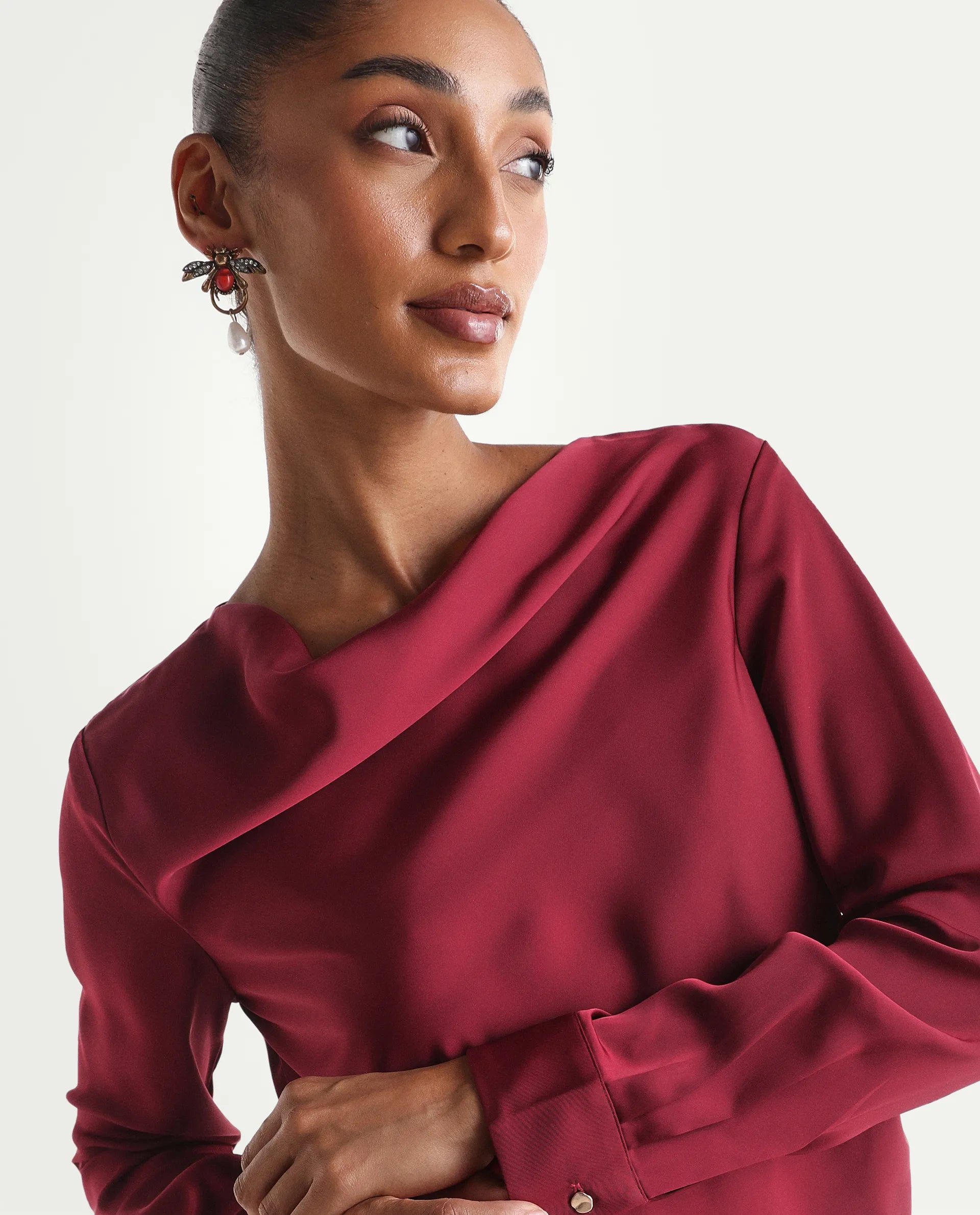 Rareism Women's Avier Dark Red Polyester Full Sleeve Cowl Neck Regular Fit Plain Top