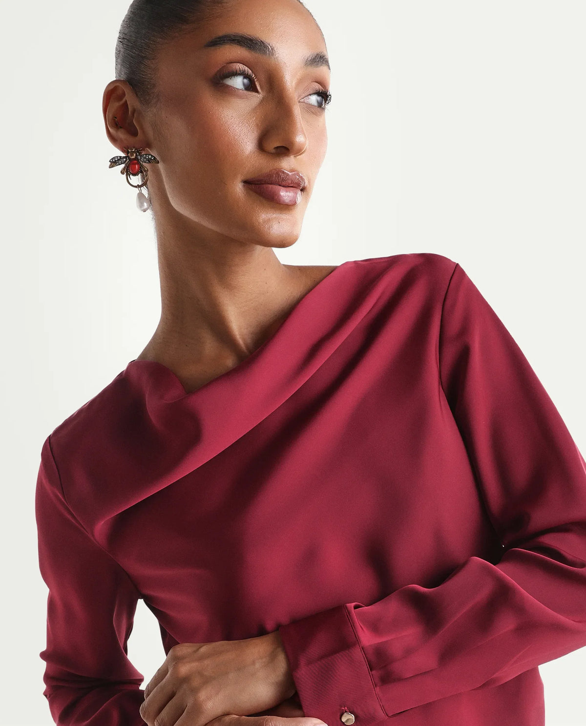 Rareism Women's Avier Dark Red Polyester Full Sleeve Cowl Neck Regular Fit Plain Top