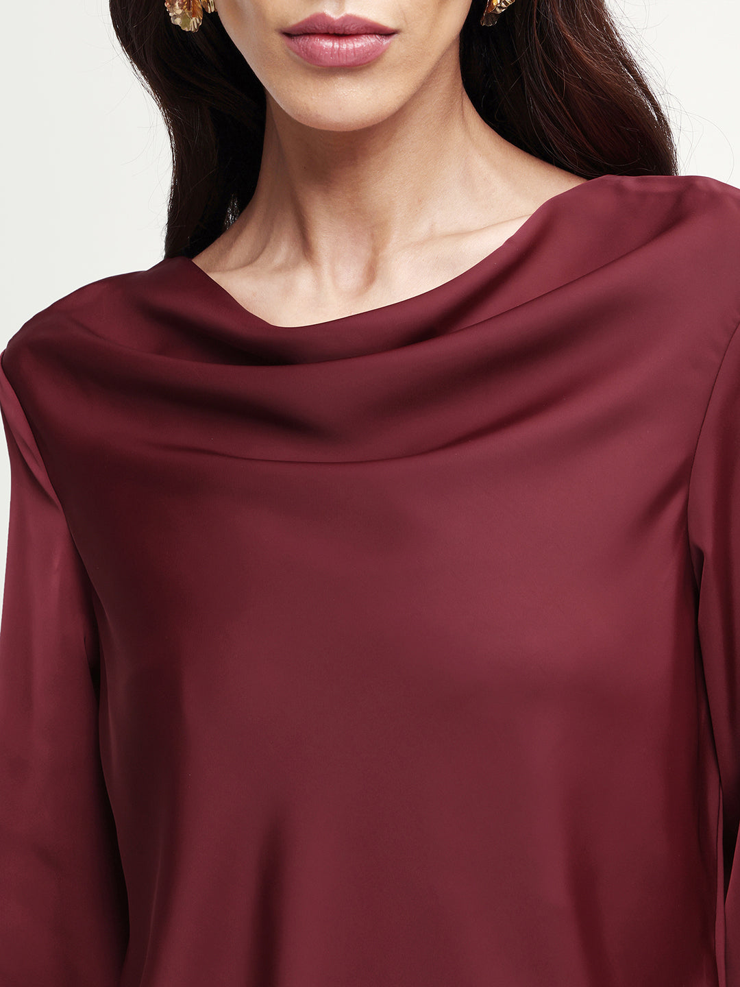 Rareism Women's Avier Dark Red Polyester Full Sleeve Cowl Neck Regular Fit Plain Top