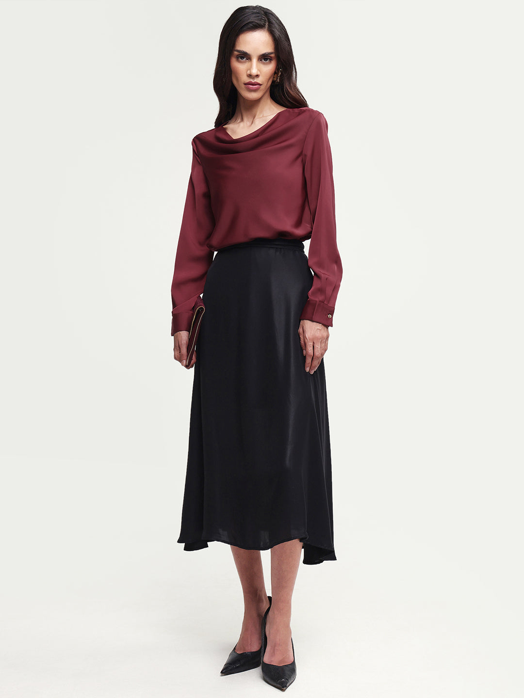 Rareism Women's Avier Dark Red Polyester Full Sleeve Cowl Neck Regular Fit Plain Top