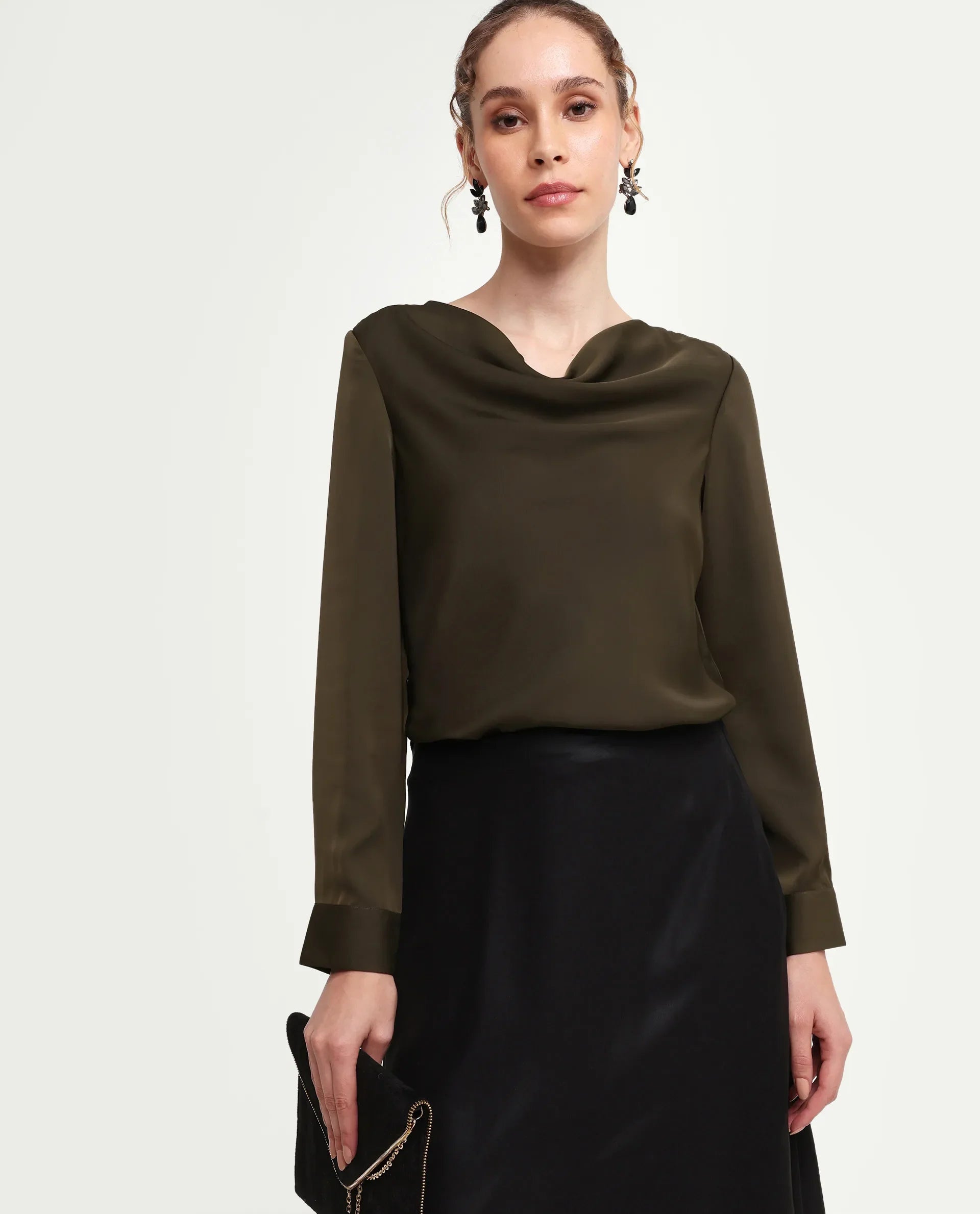 Rareism Women's Avier Olive Polyester Full Sleeve Cowl Neck Regular Fit Plain Top