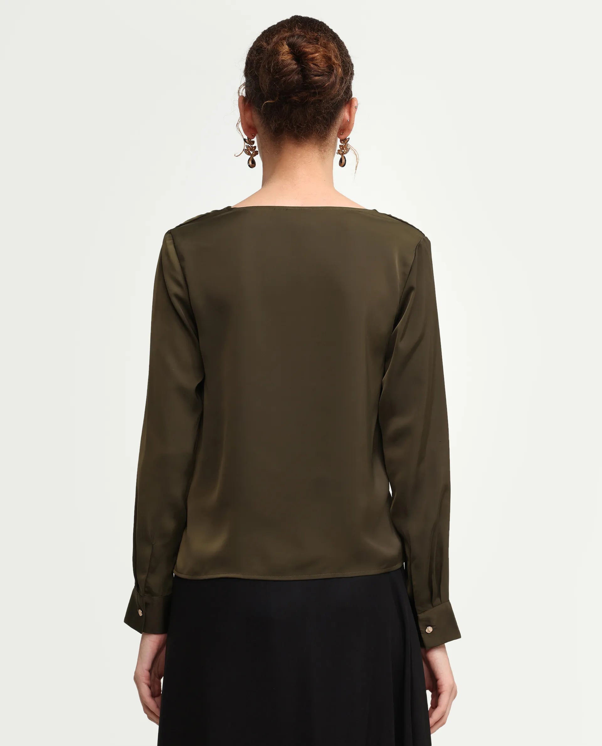 Rareism Women's Avier Olive Polyester Full Sleeve Cowl Neck Regular Fit Plain Top