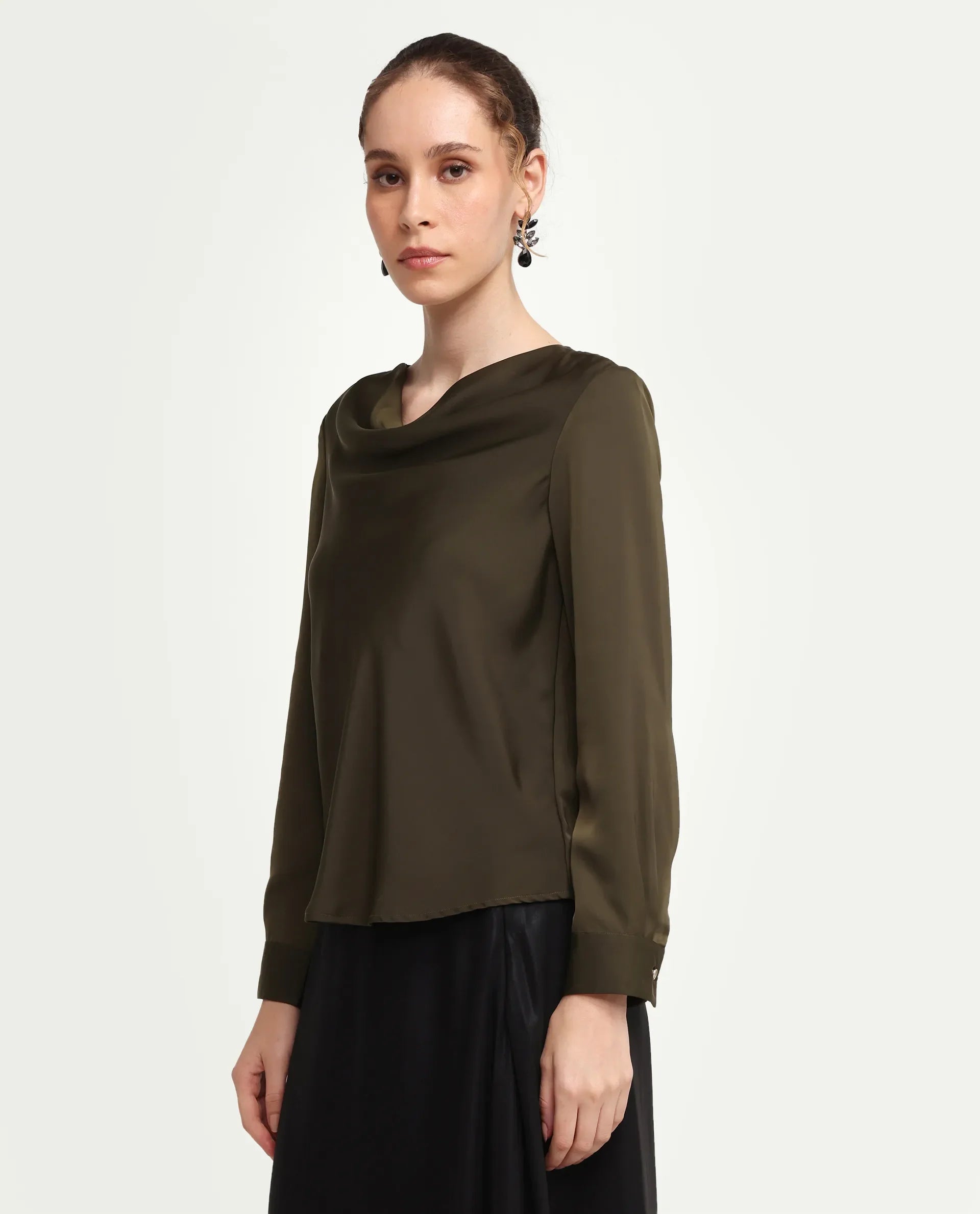 Rareism Women's Avier Olive Polyester Full Sleeve Cowl Neck Regular Fit Plain Top