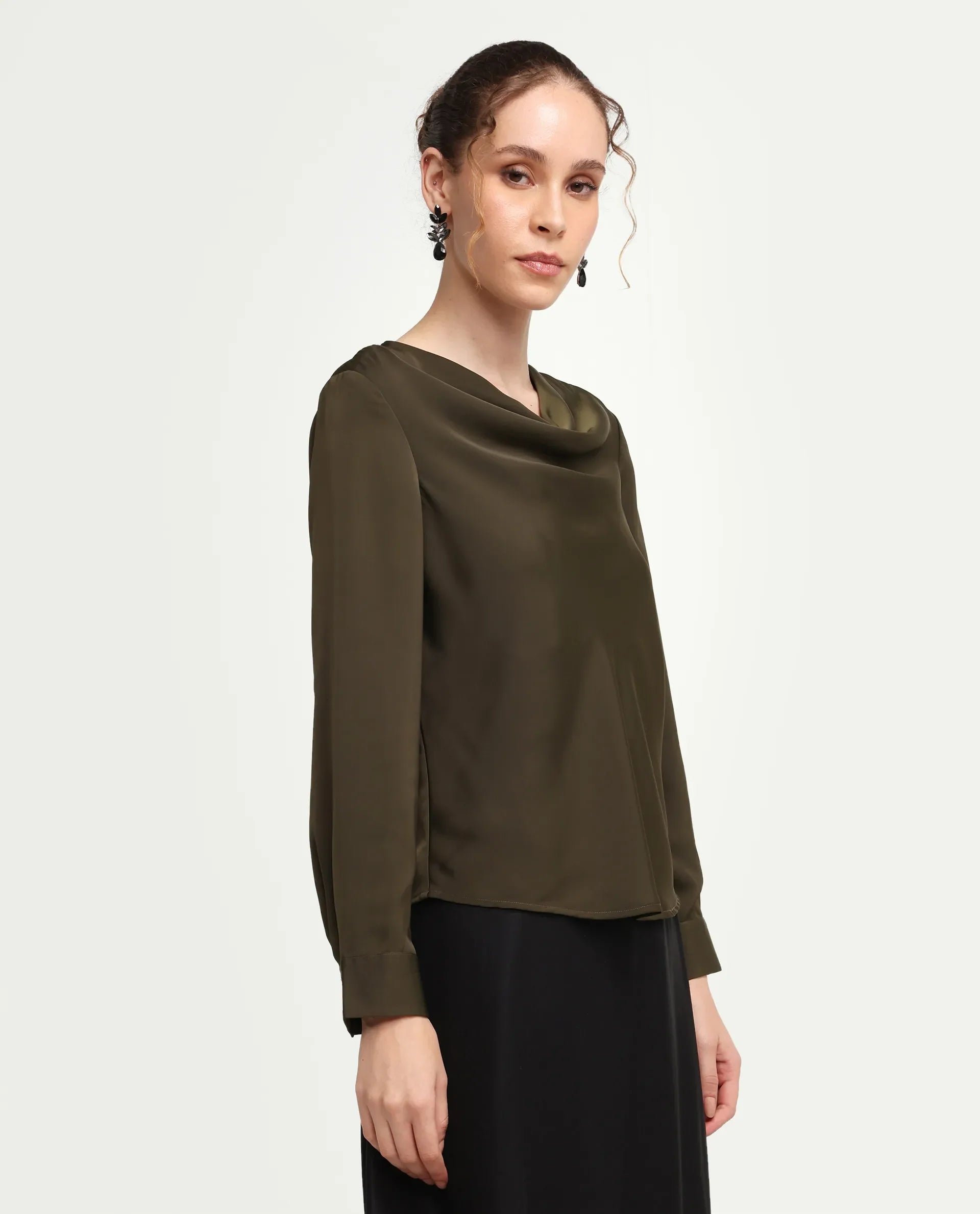 Rareism Women's Avier Olive Polyester Full Sleeve Cowl Neck Regular Fit Plain Top