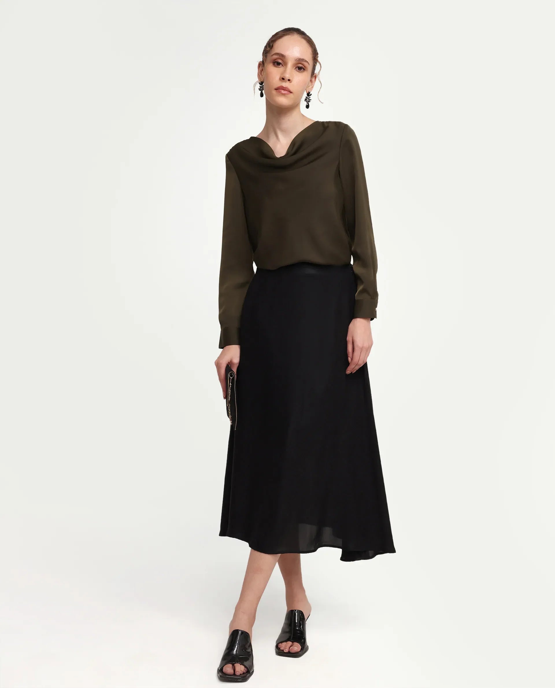 Rareism Women's Avier Olive Polyester Full Sleeve Cowl Neck Regular Fit Plain Top