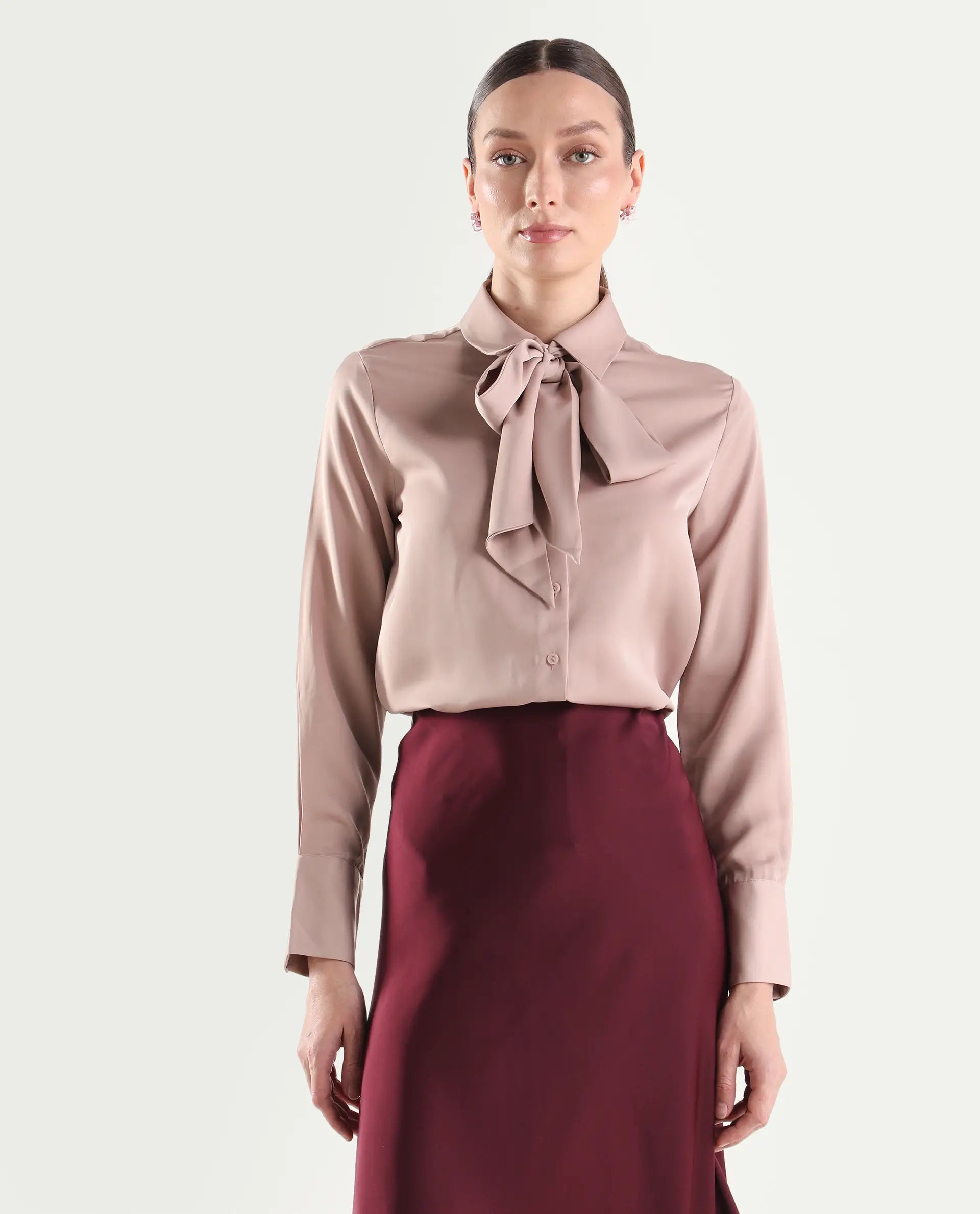 Rareism Women's Aviol Dusky Pink Polyester Full Sleeve Regular Fit Plain Top