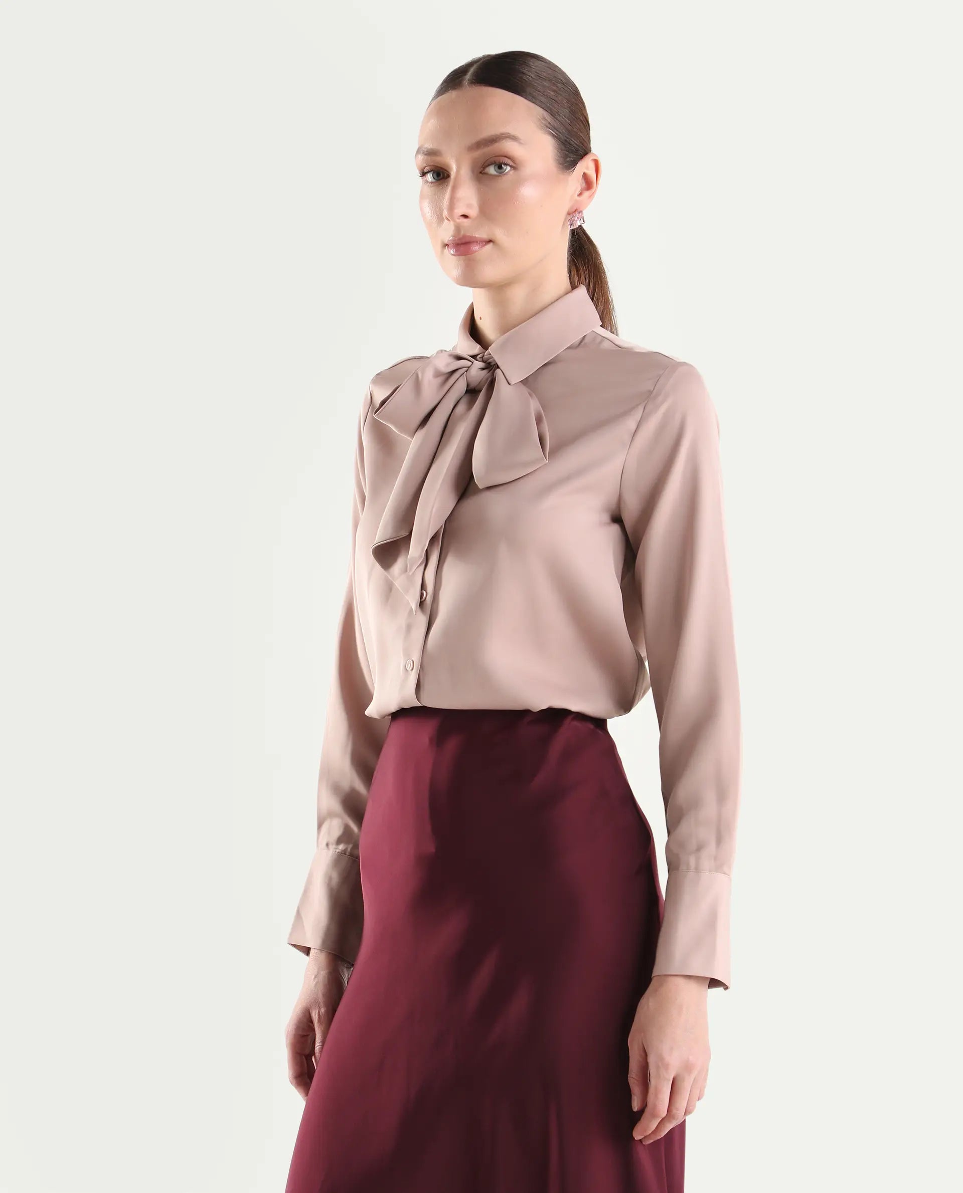 Rareism Women's Aviol Dusky Pink Polyester Full Sleeve Regular Fit Plain Top