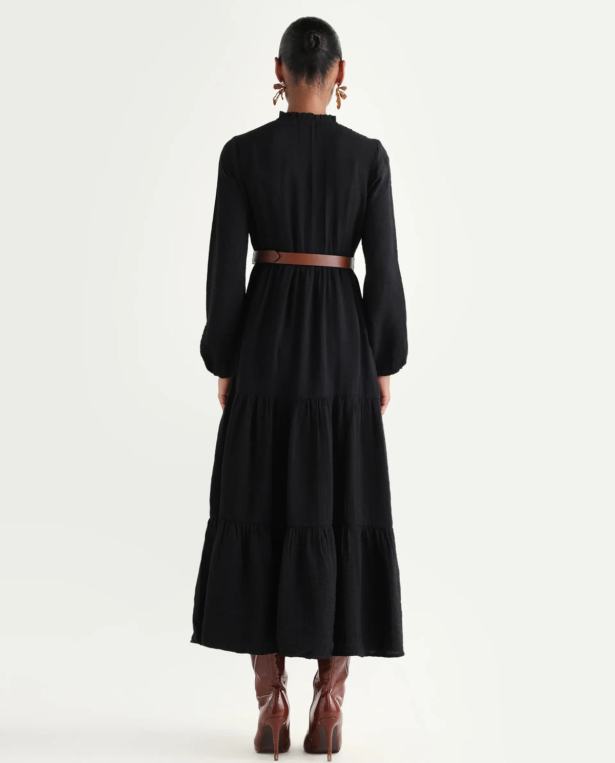 Rareism Women's Carlia Black Viscose Blend Full Sleeve Flared Plain Dress