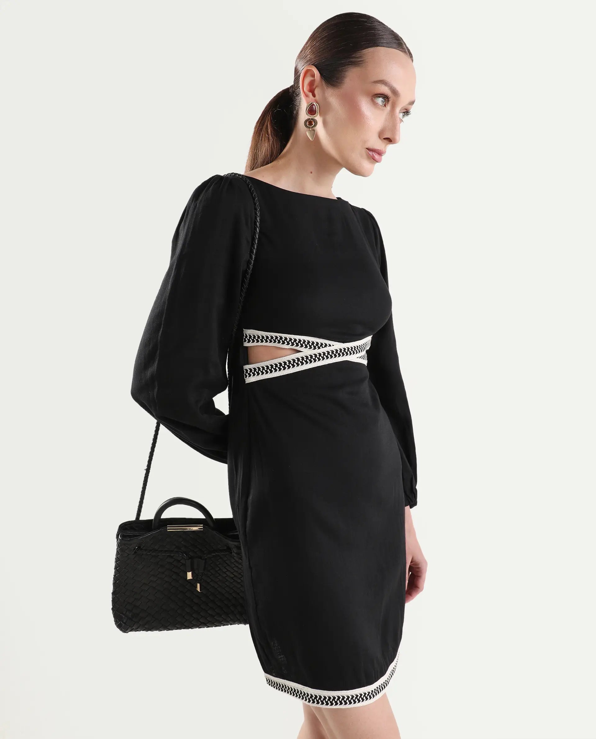 Rareism Women's Catya Black Cotton Blend Full Sleeve Bodycon Plain Dress