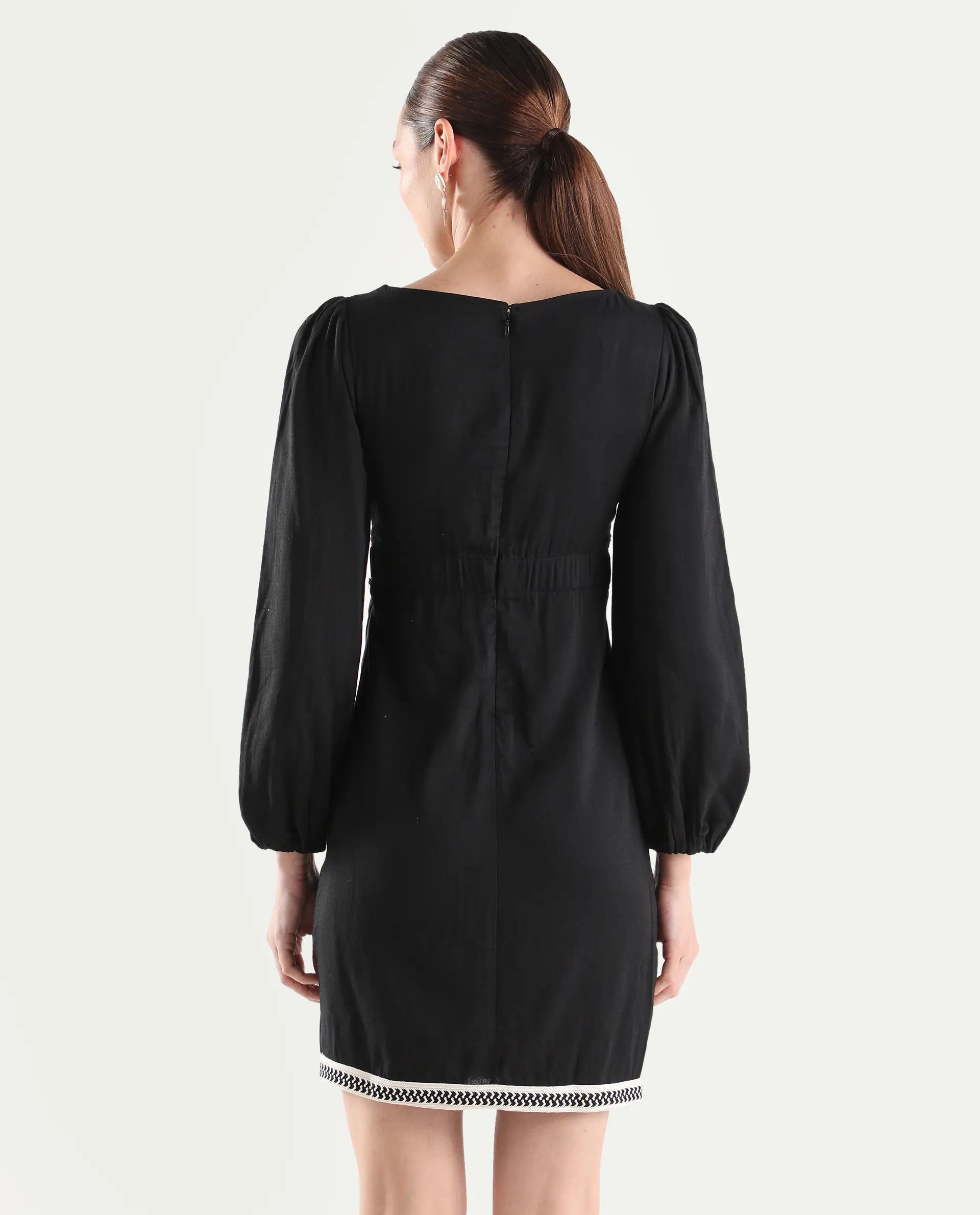 Rareism Women's Catya Black Cotton Blend Full Sleeve Bodycon Plain Dress